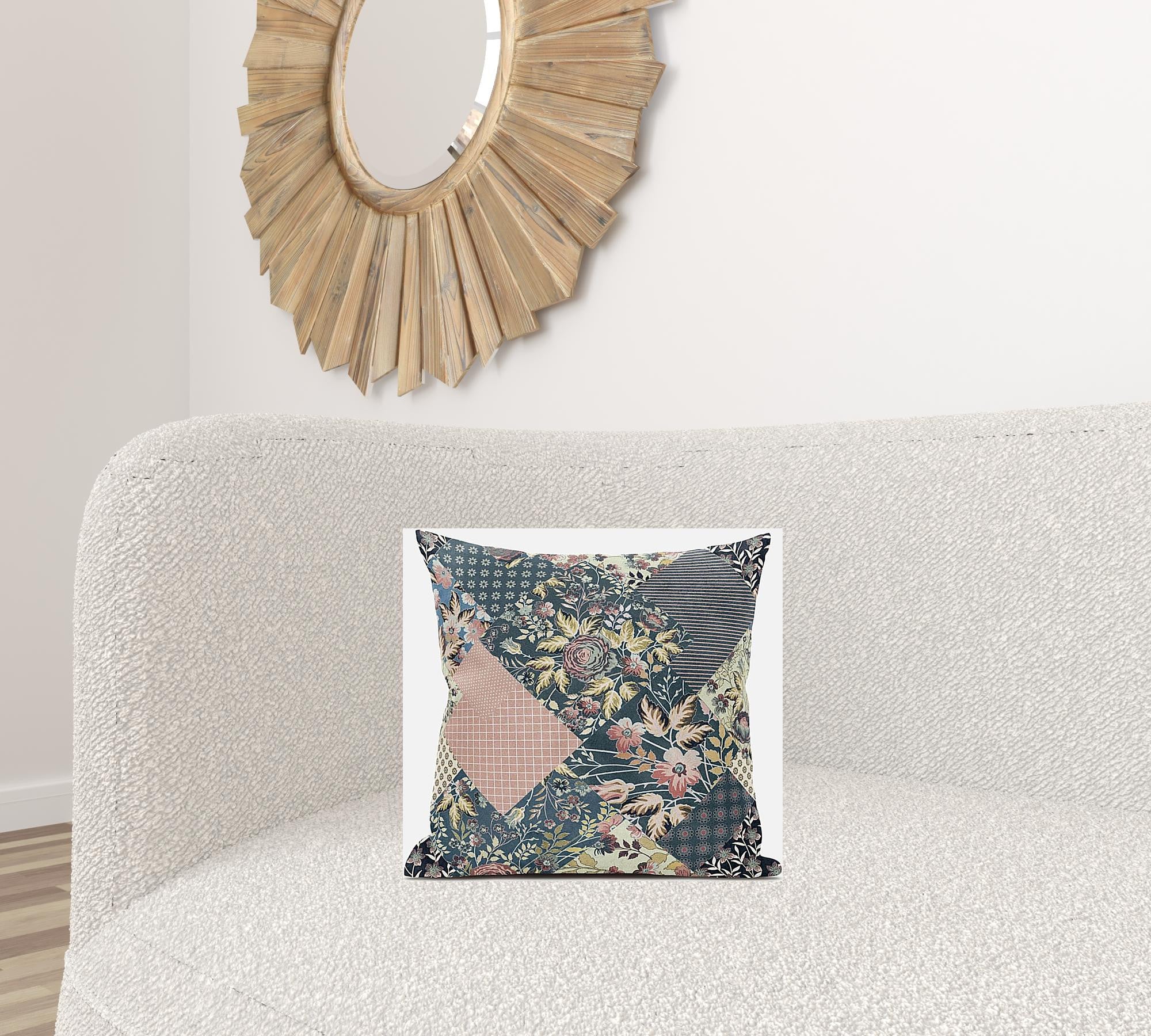 16" Green Peach Floral Zippered Suede Throw Pillow