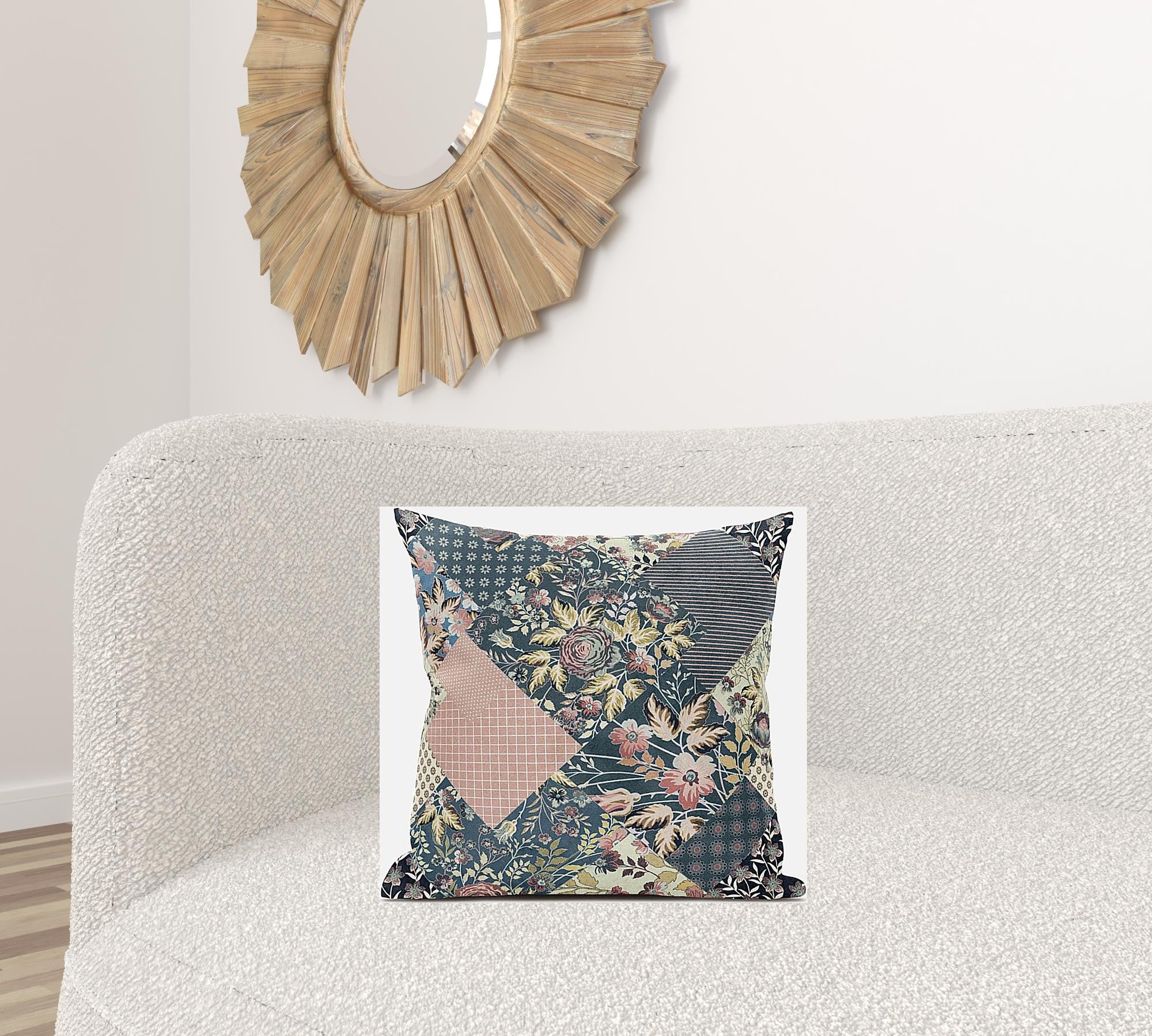 18" Green Peach Floral Zippered Suede Throw Pillow