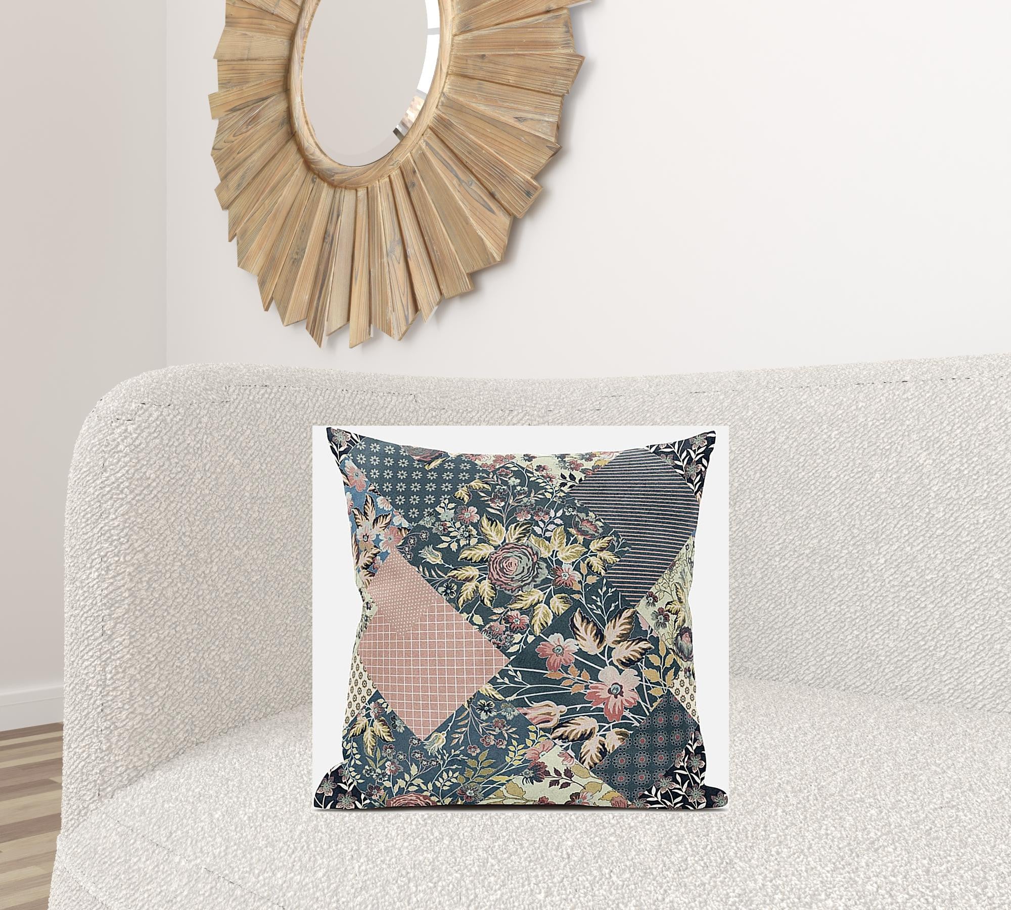 18" Green Peach Floral Zippered Suede Throw Pillow