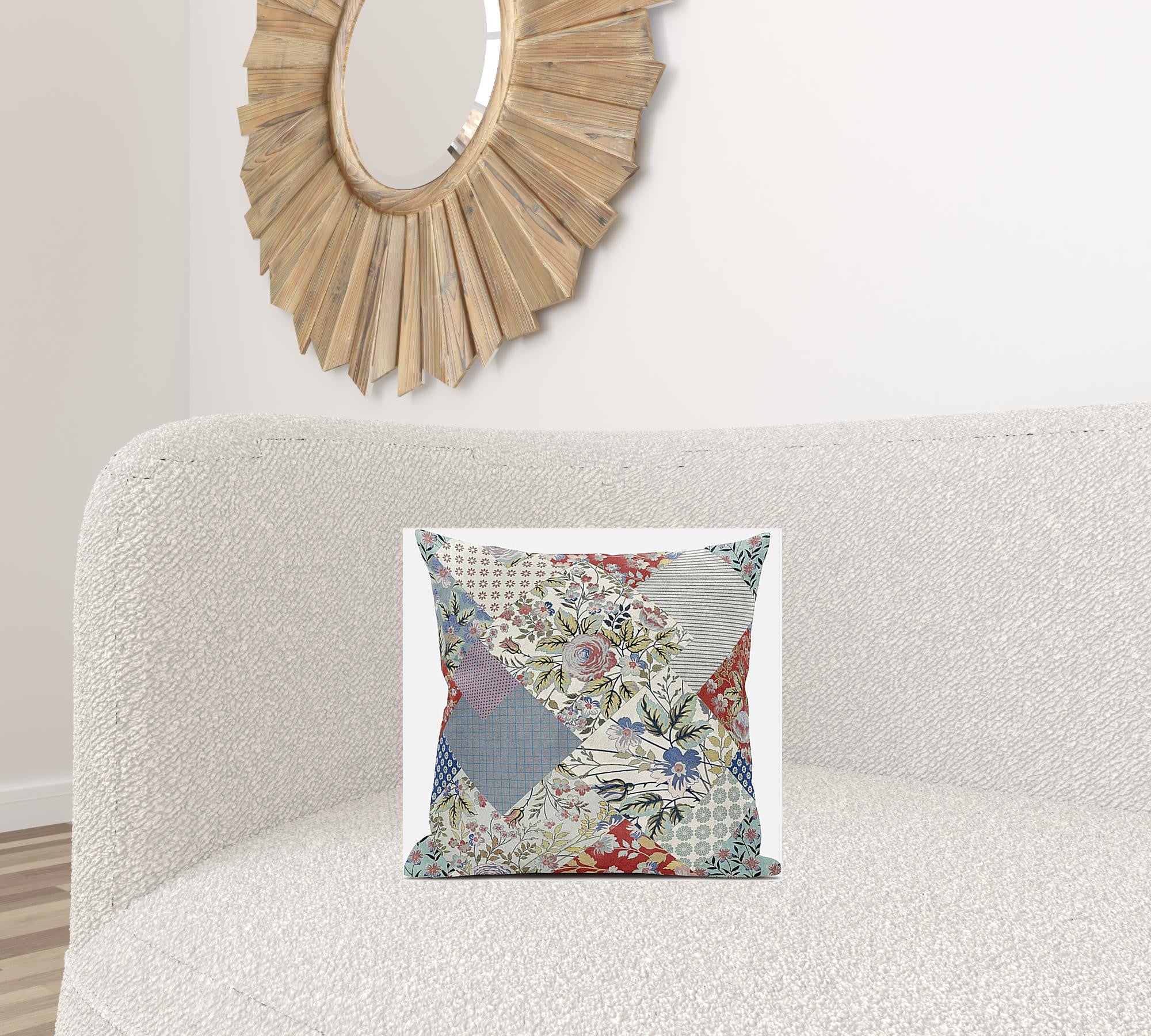 16" Red Gold Floral Zippered Suede Throw Pillow