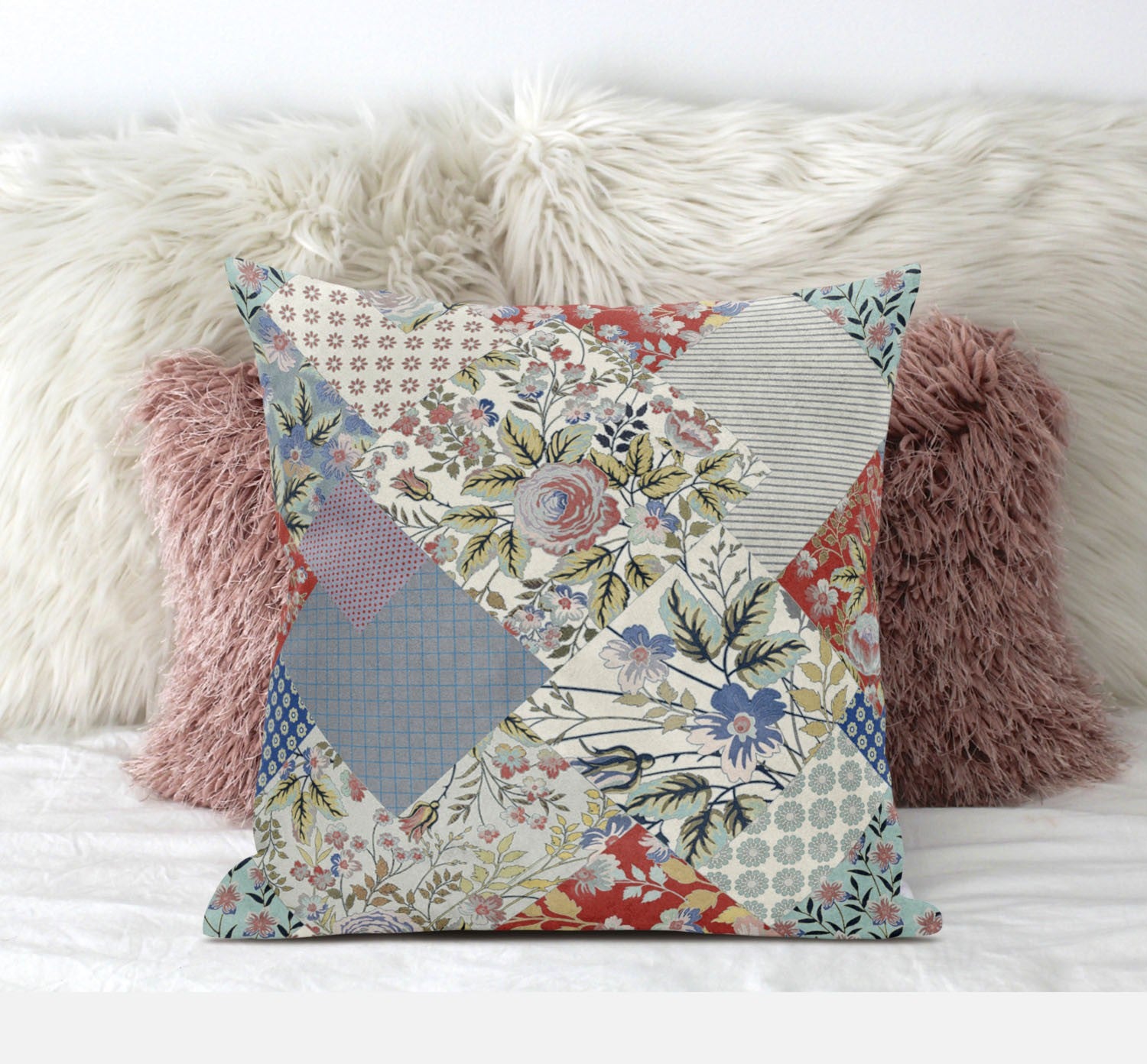 18" Red Gold Floral Zippered Suede Throw Pillow