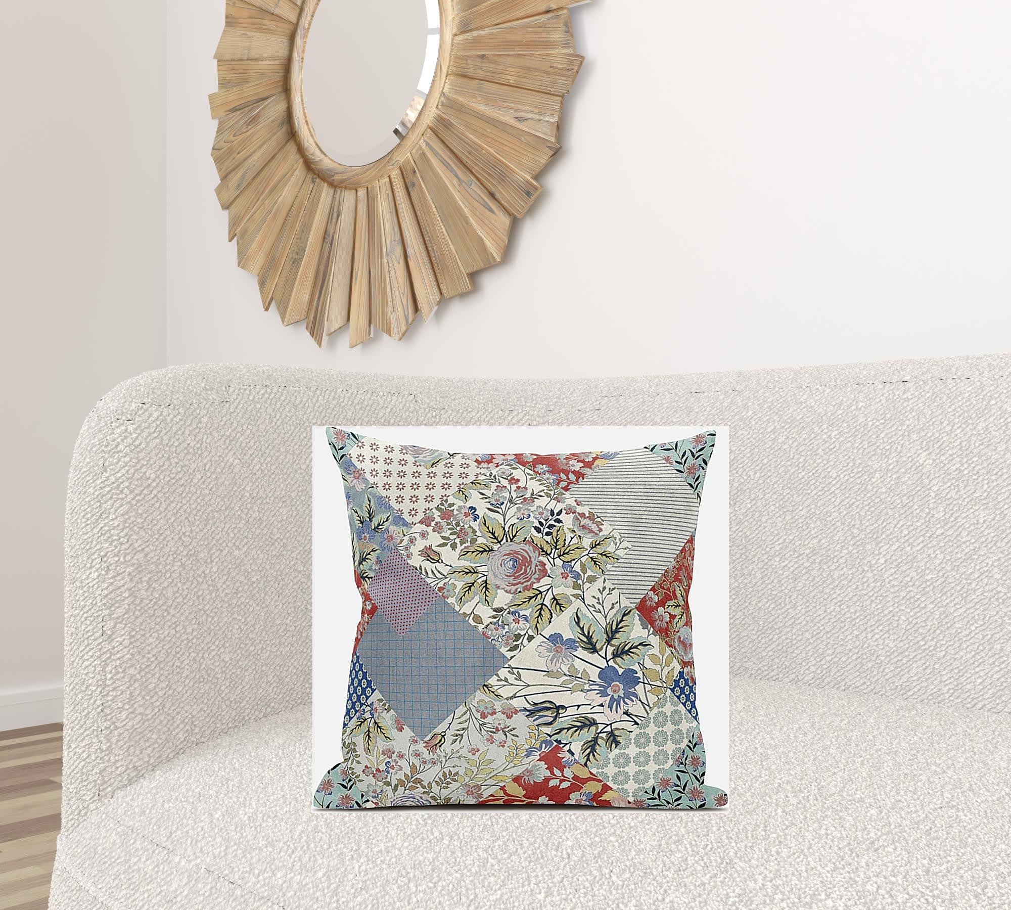 18" Red Gold Floral Zippered Suede Throw Pillow