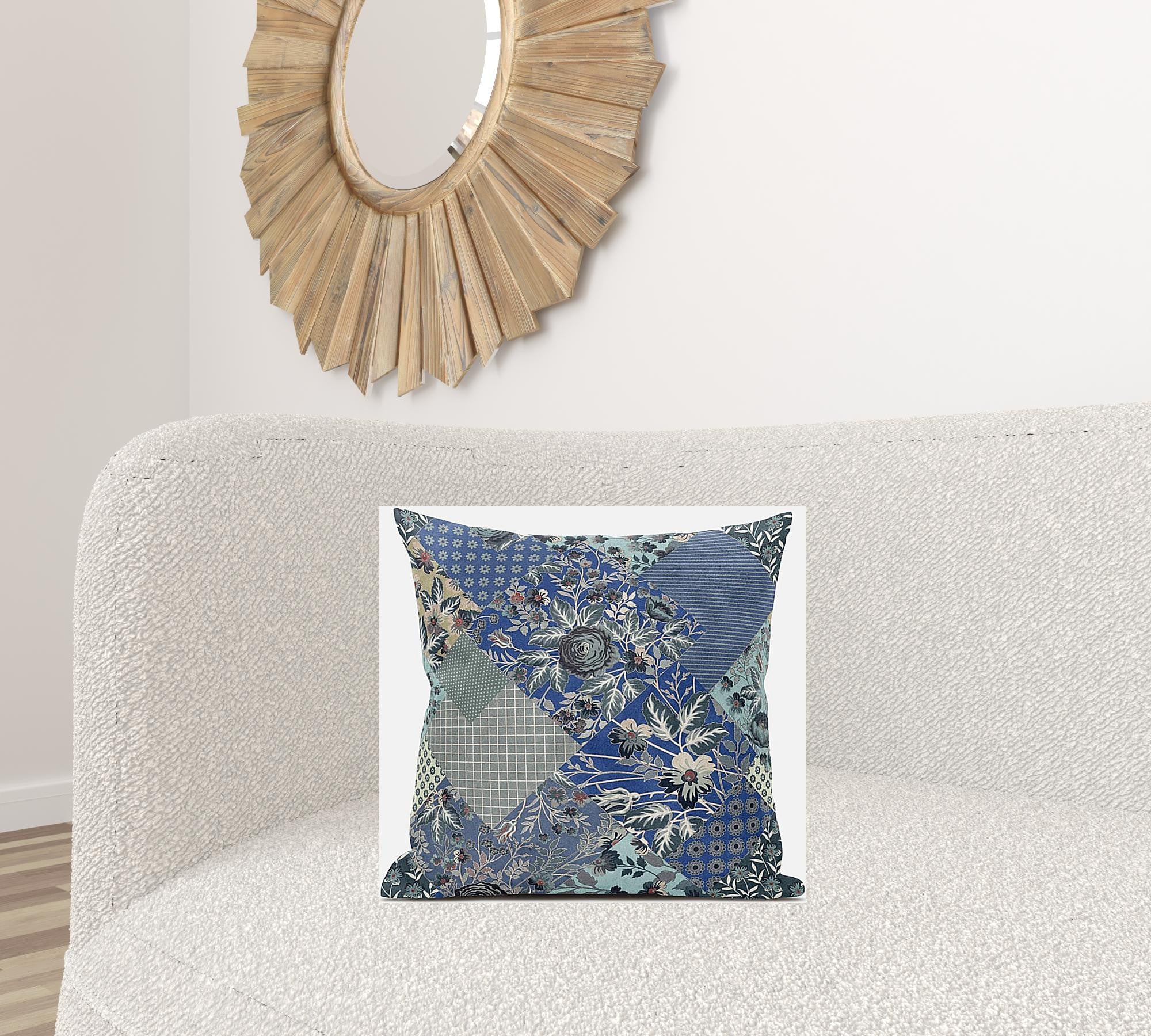 18" Blue Gray Floral Zippered Suede Throw Pillow