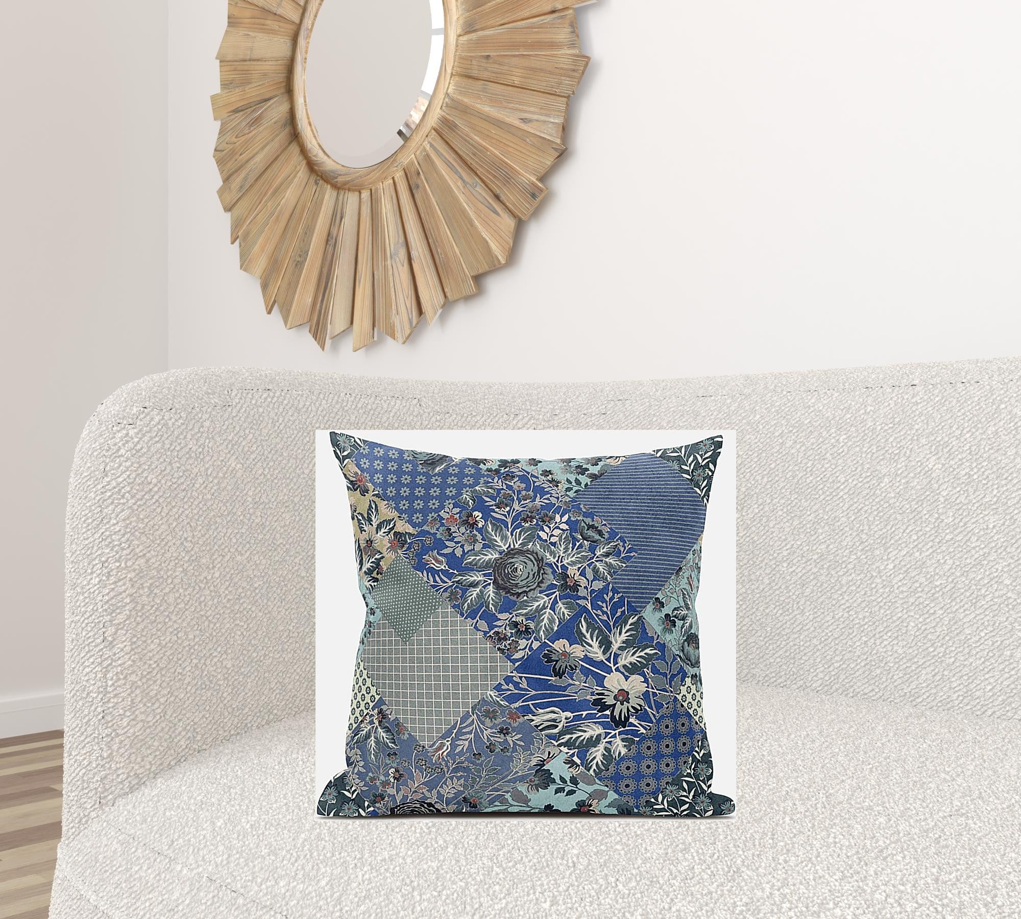 18" Blue Gray Floral Zippered Suede Throw Pillow