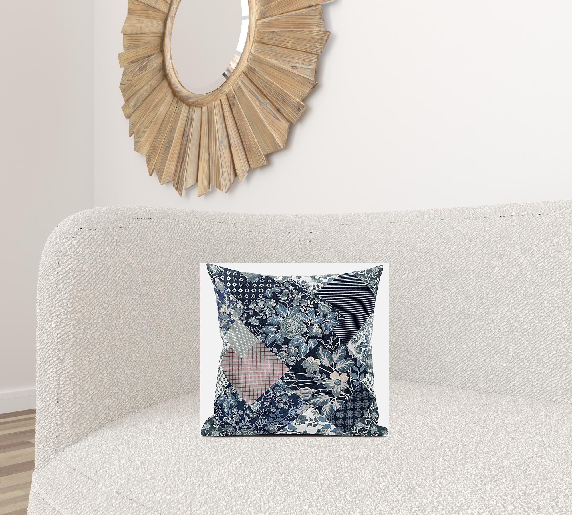 16" Deep Blue Gray Floral Zippered Suede Throw Pillow
