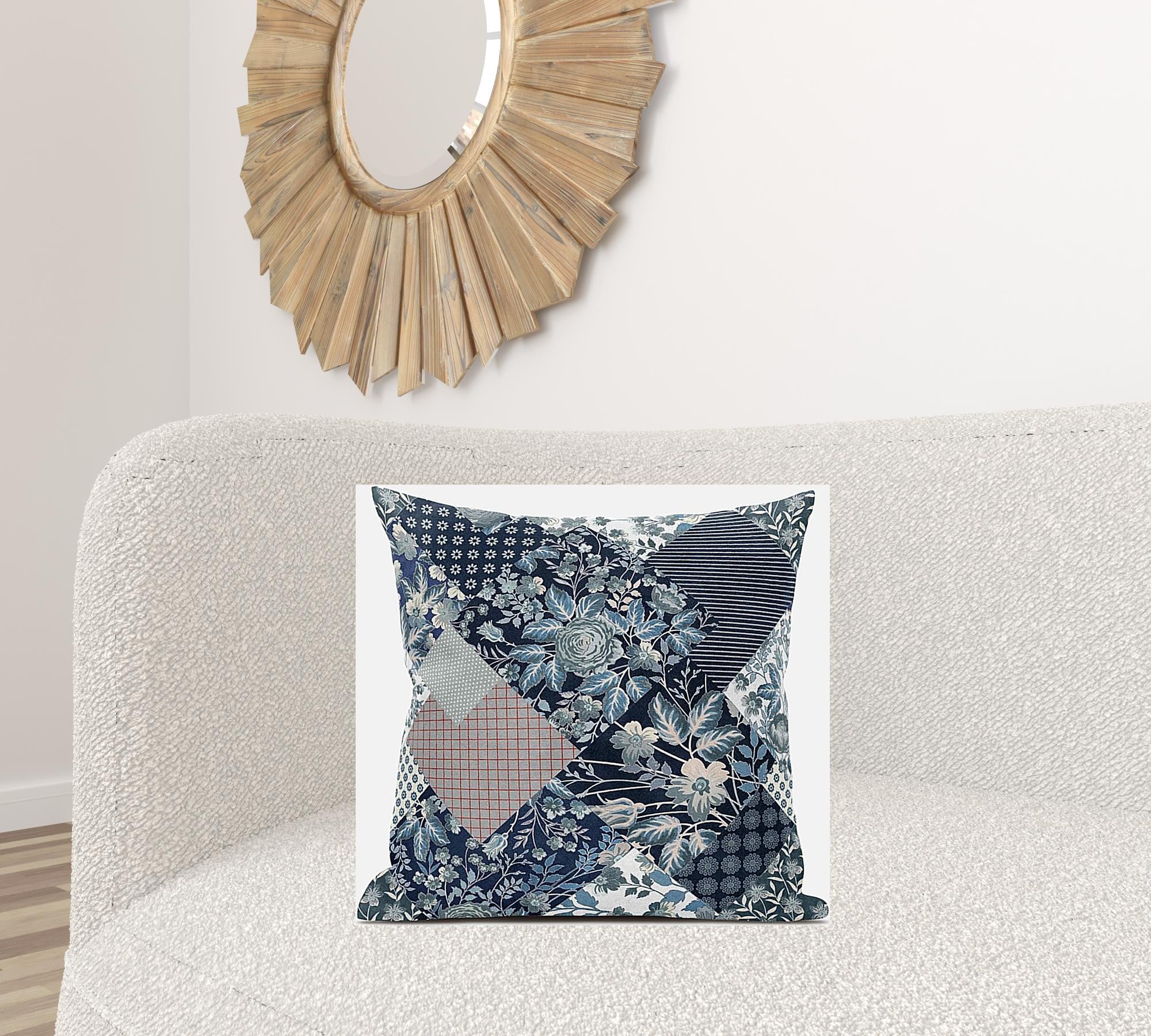 18" Deep Blue Gray Floral Zippered Suede Throw Pillow