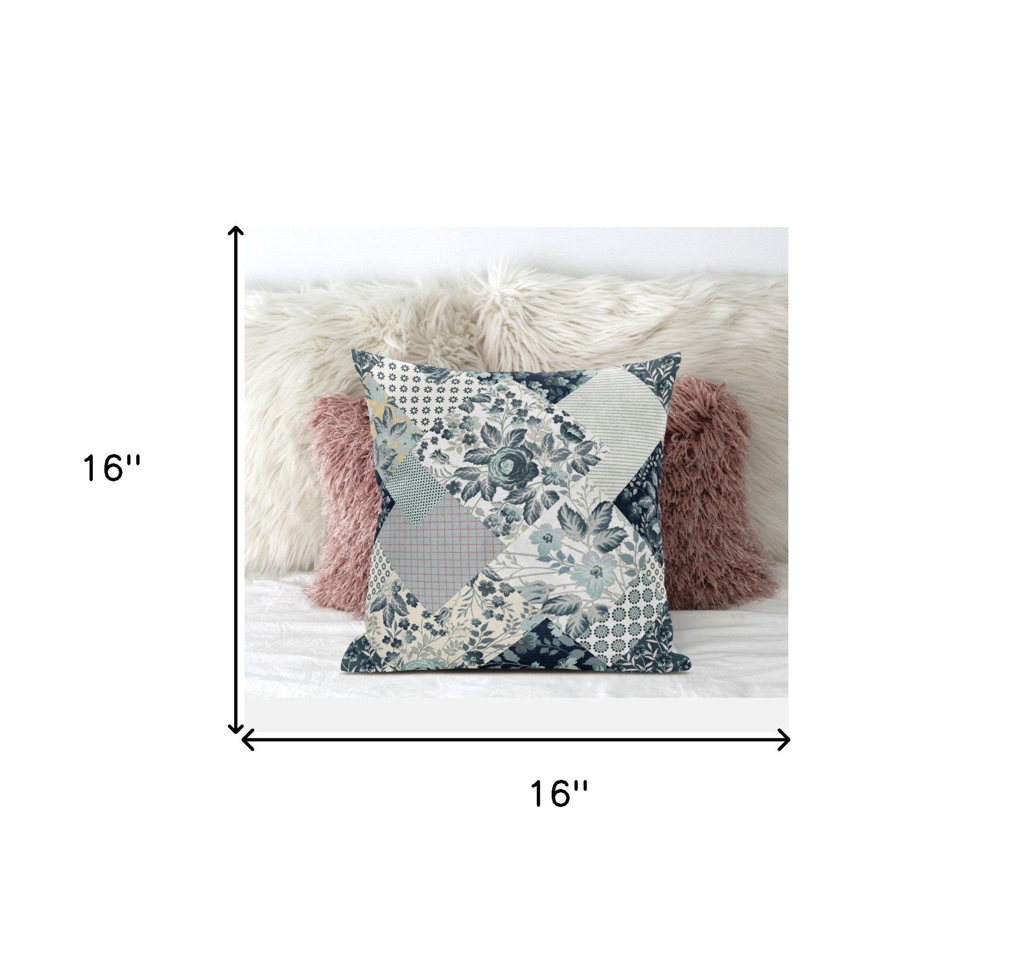 16" Gray White Floral Zippered Suede Throw Pillow