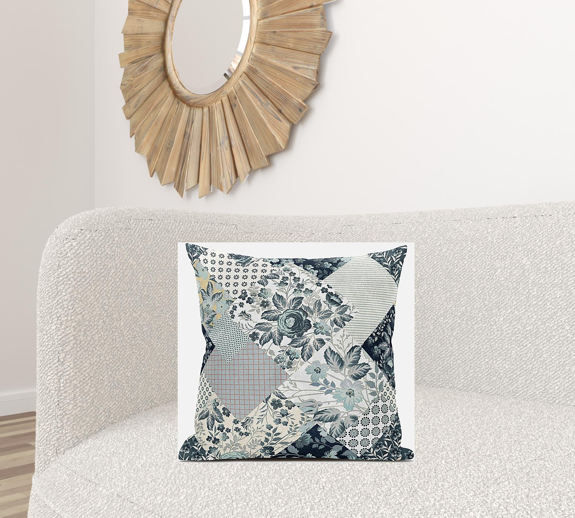18" Gray White Floral Zippered Suede Throw Pillow