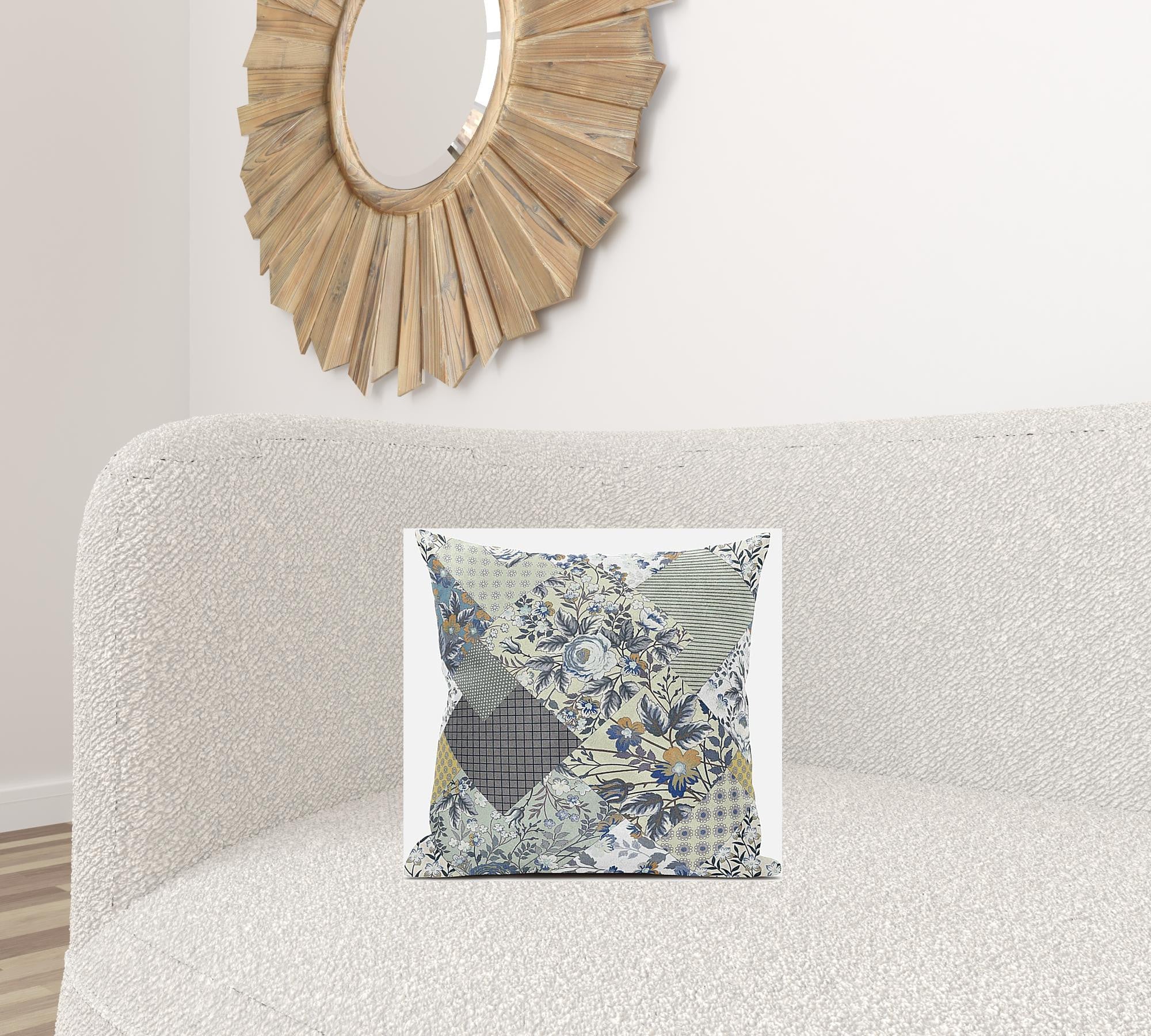 16" Sage Cream Floral Zippered Suede Throw Pillow