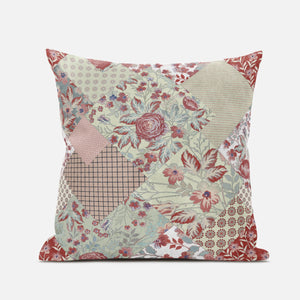 18" Red White Floral Zippered Suede Throw Pillow