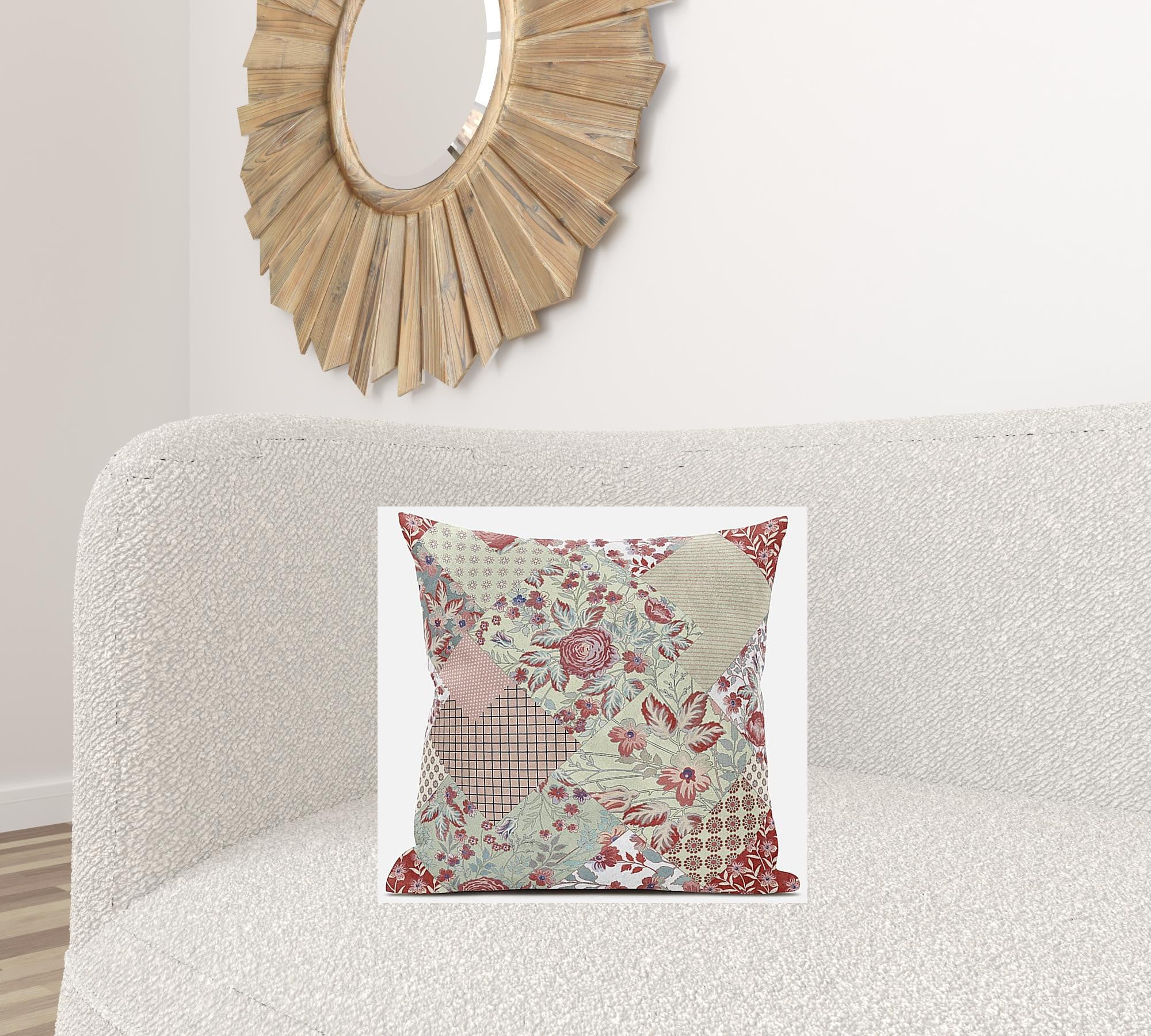 18" Red White Floral Zippered Suede Throw Pillow