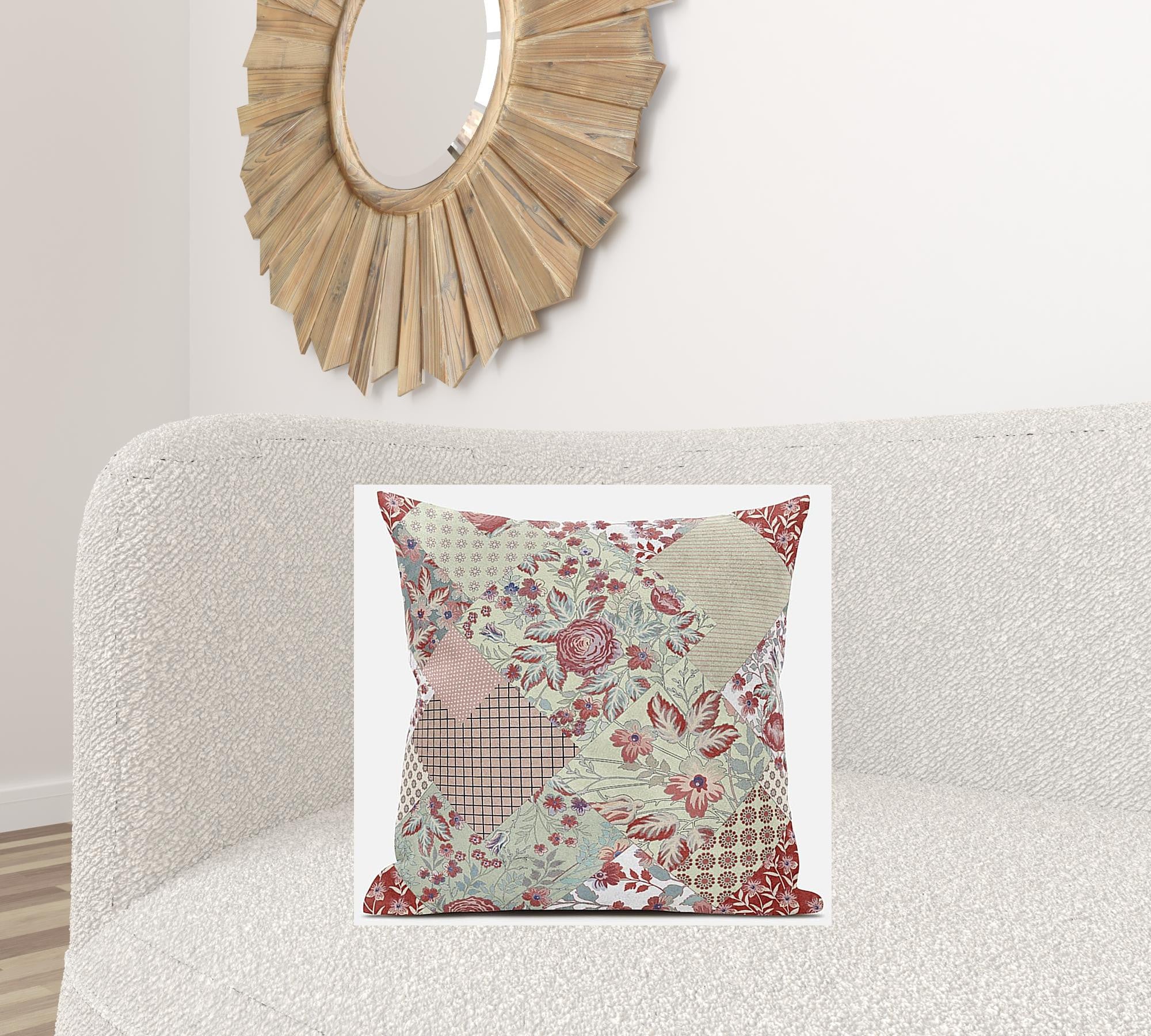 18" Red White Floral Zippered Suede Throw Pillow