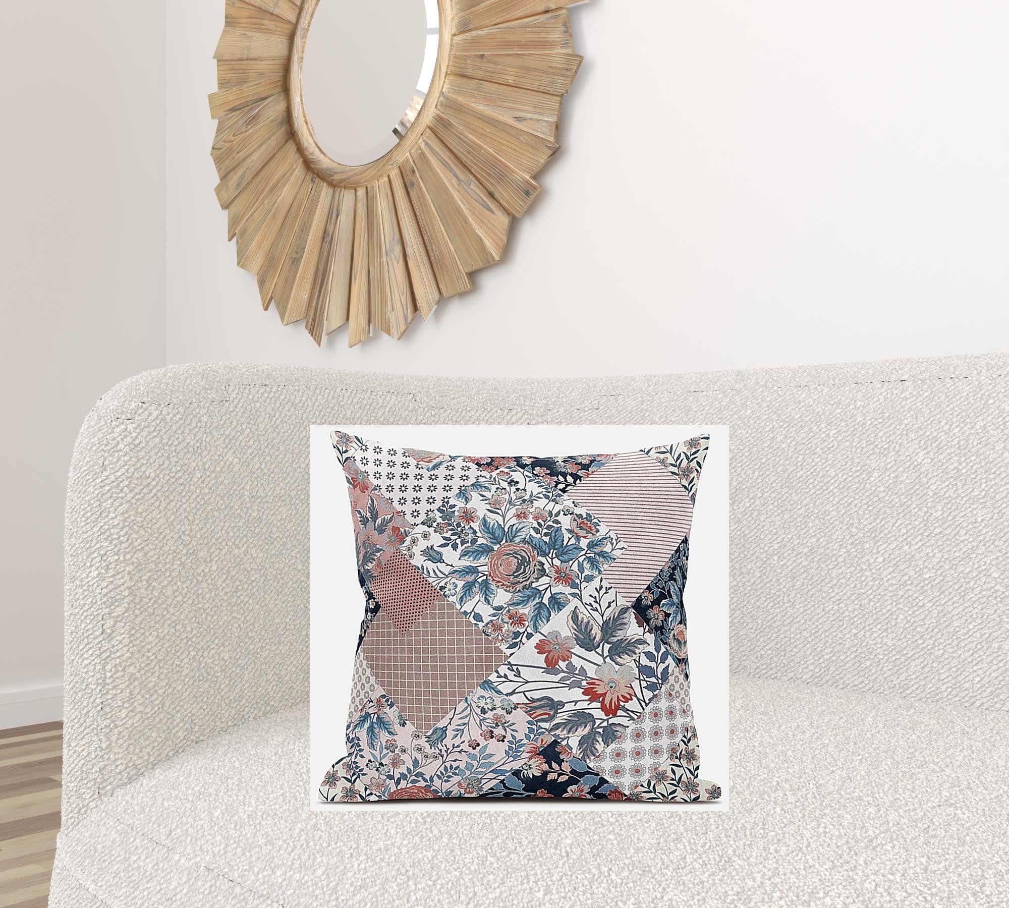 18" White Pink Floral Zippered Suede Throw Pillow