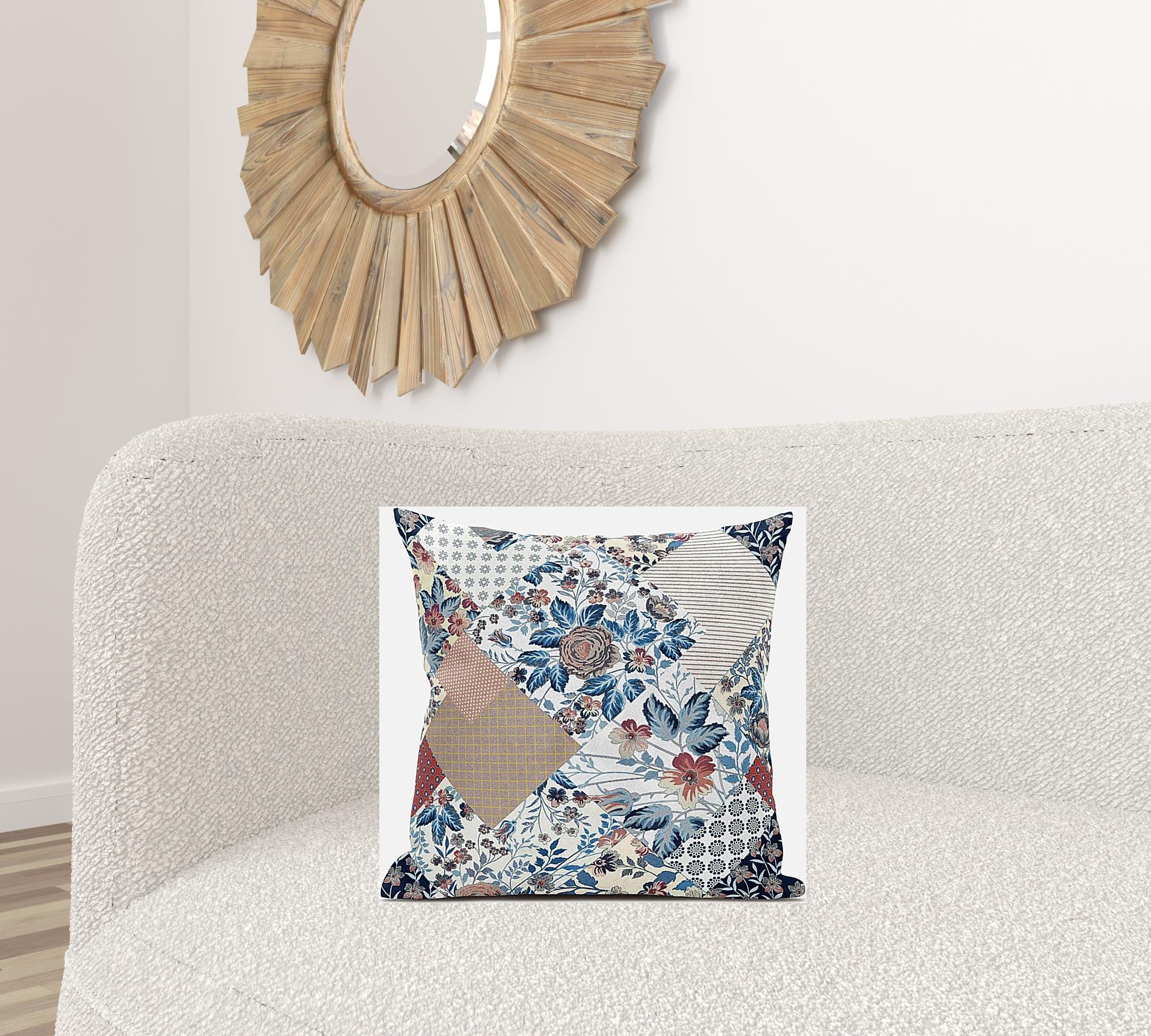 18" Blue Peach Floral Zippered Suede Throw Pillow