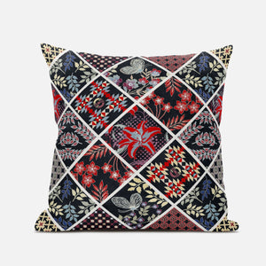 18” Black Red Patch Suede Zippered Throw Pillow