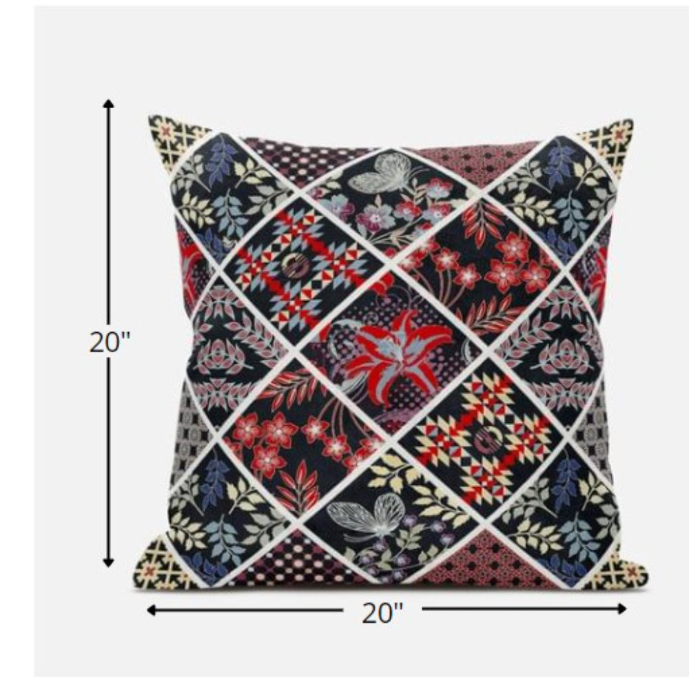 18” Black Red Patch Suede Zippered Throw Pillow