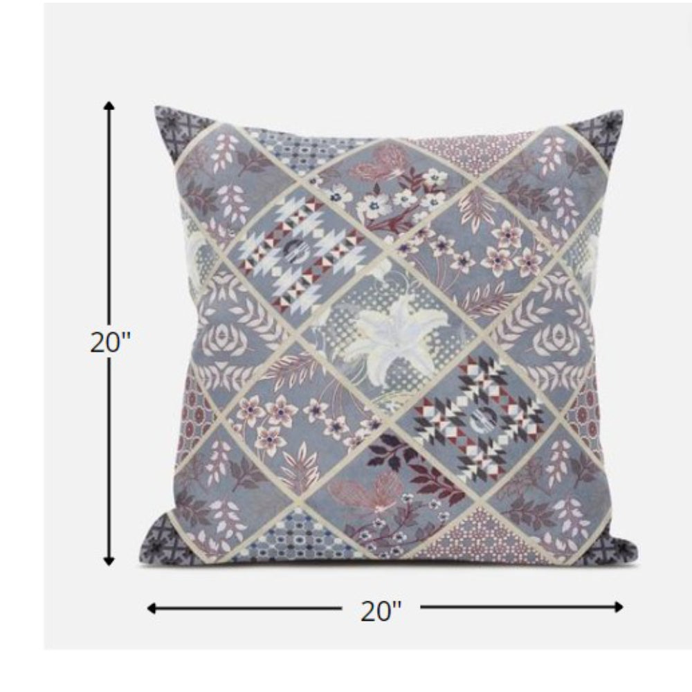 18” Gray Pink Patch Suede Zippered Throw Pillow