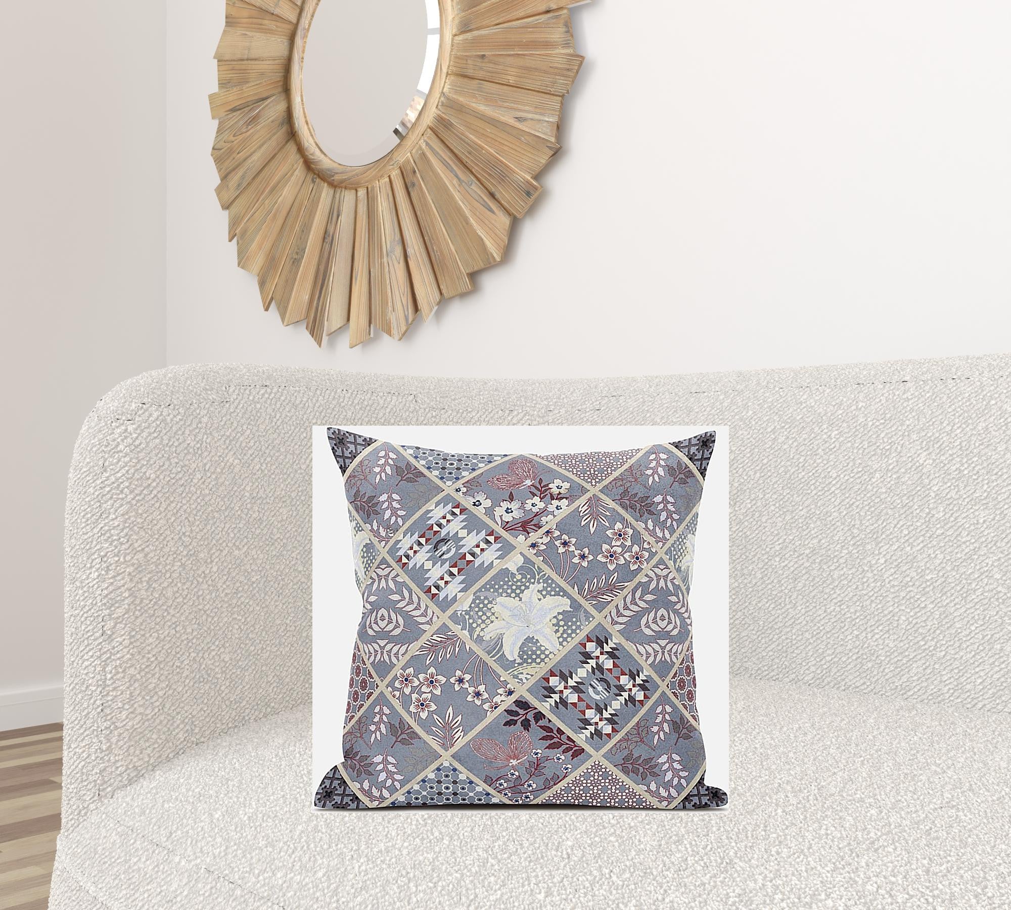 18” Gray Pink Patch Suede Zippered Throw Pillow