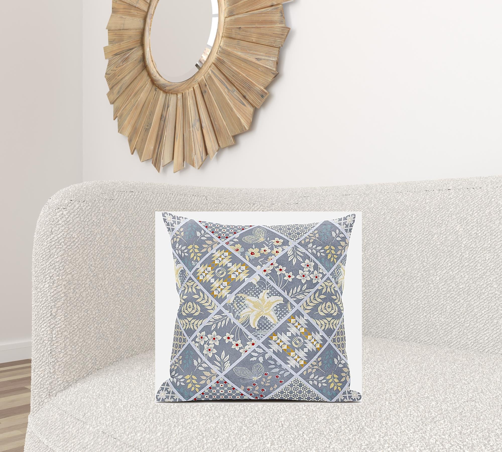 18” Gray Yellow Patch Suede Zippered Throw Pillow