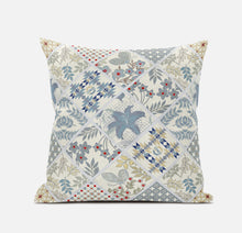 16” White Blue Patch Suede Zippered Throw Pillow