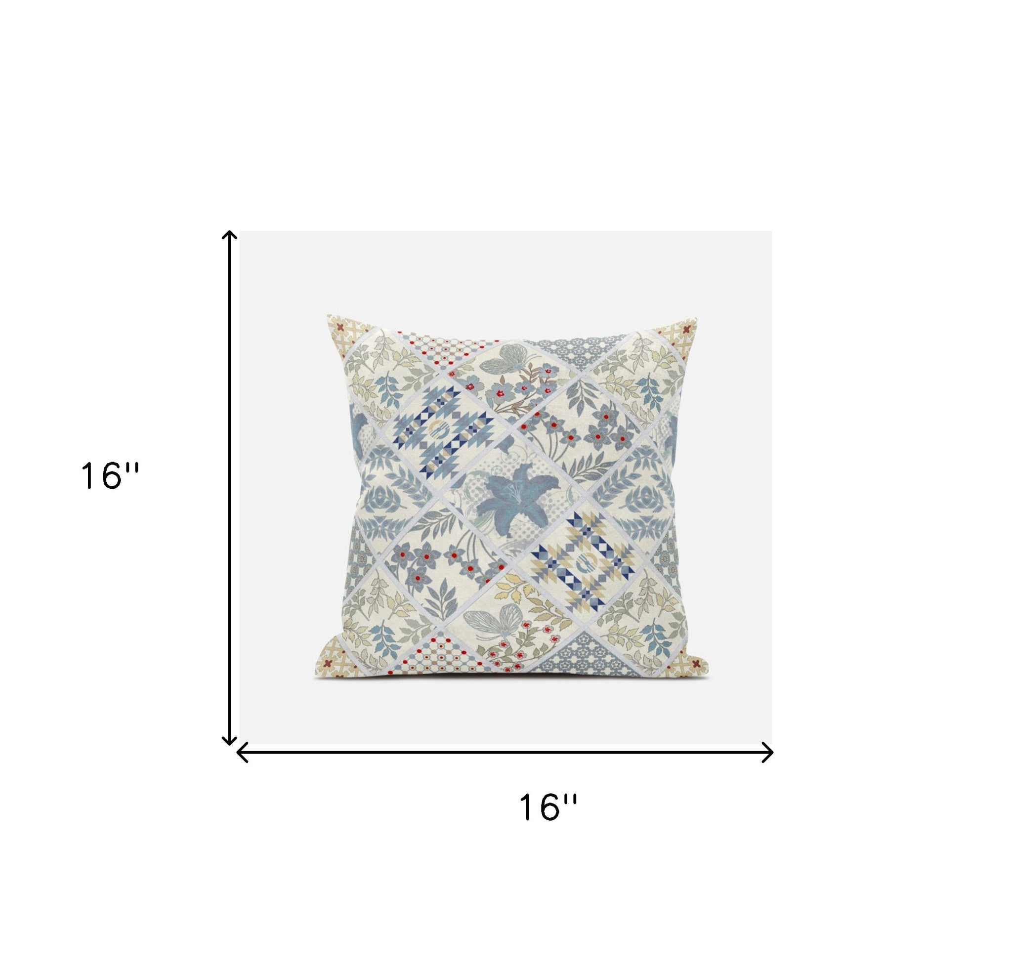 16” White Blue Patch Suede Zippered Throw Pillow