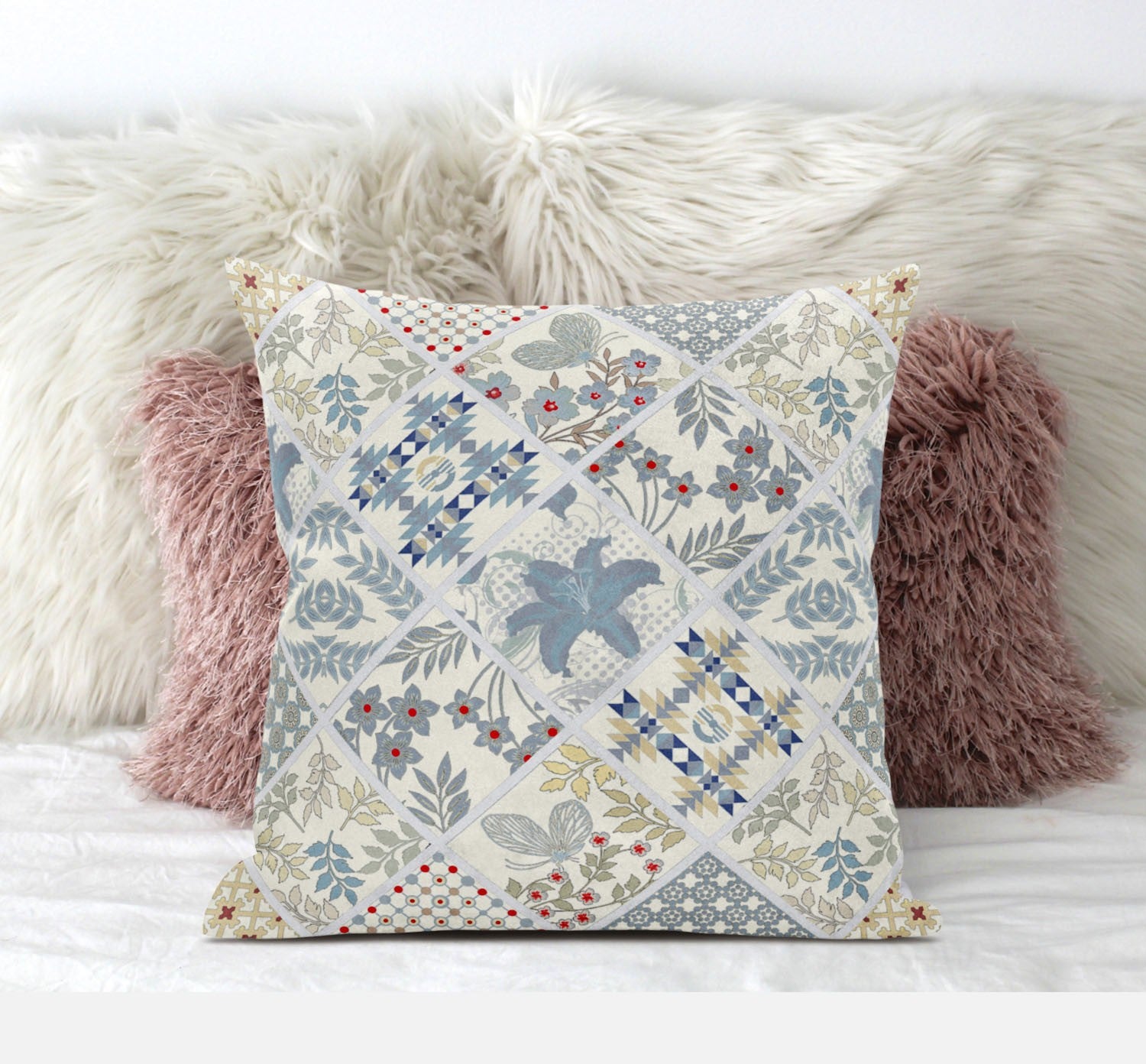 18 英寸白色藍色貼片絨面革拉鍊抱枕