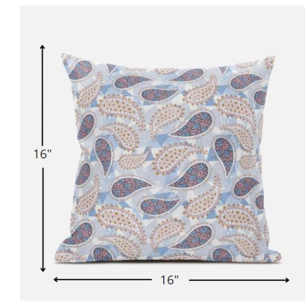 16” Blue Pink Boho Paisley Zippered Suede Throw Pillow