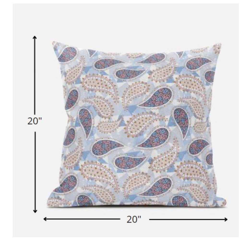 18” Blue Pink Boho Paisley Zippered Suede Throw Pillow