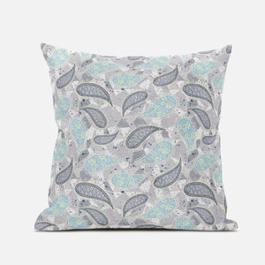 16” Gray Turquoise Boho Paisley Zippered Suede Throw Pillow