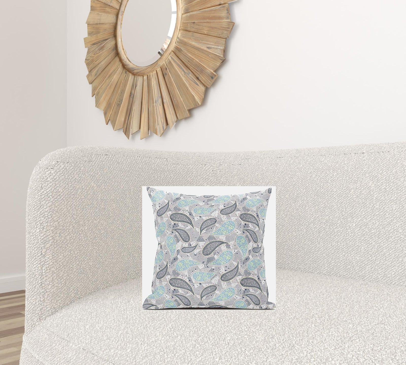 16” Gray Turquoise Boho Paisley Zippered Suede Throw Pillow