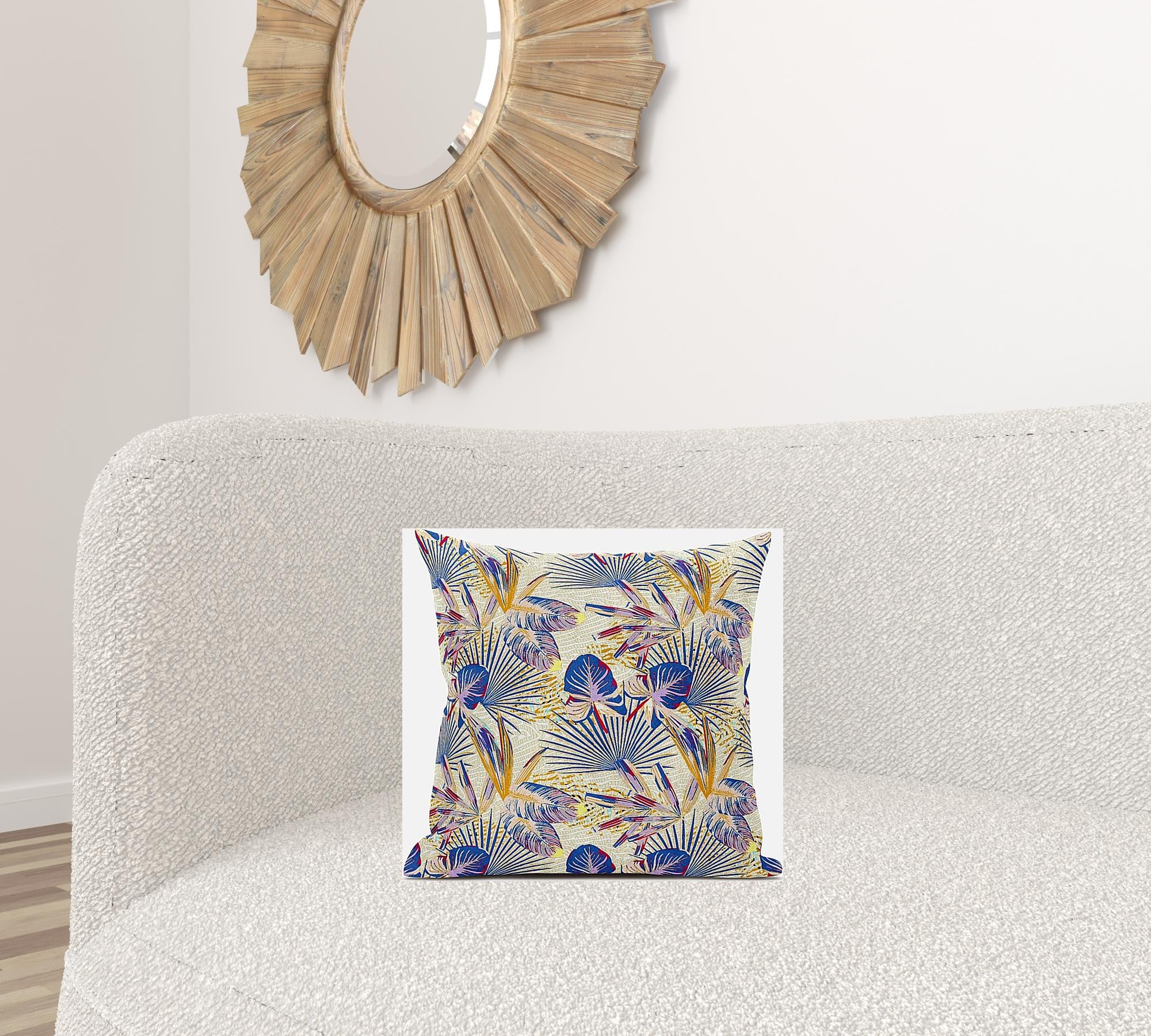 16” Blue Cream Tropical Zippered Suede Throw Pillow