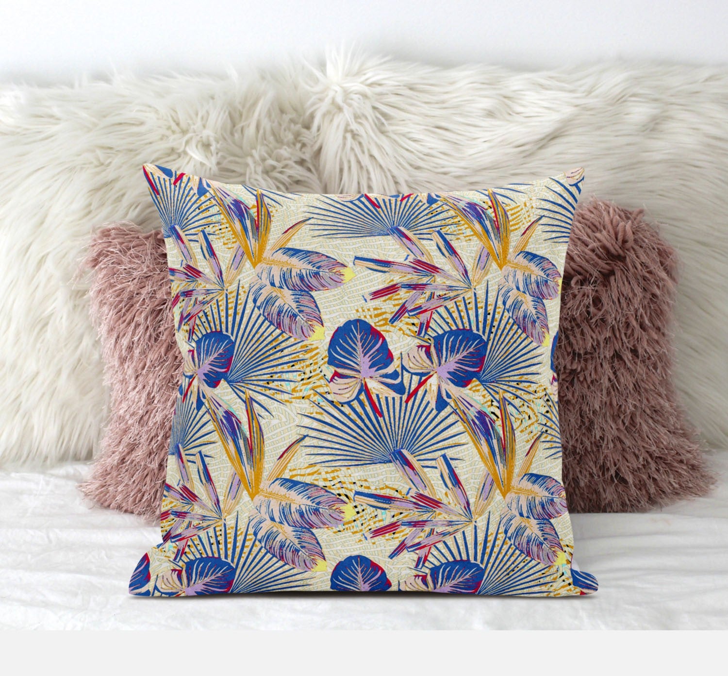 18” Blue Cream Tropical Zippered Suede Throw Pillow