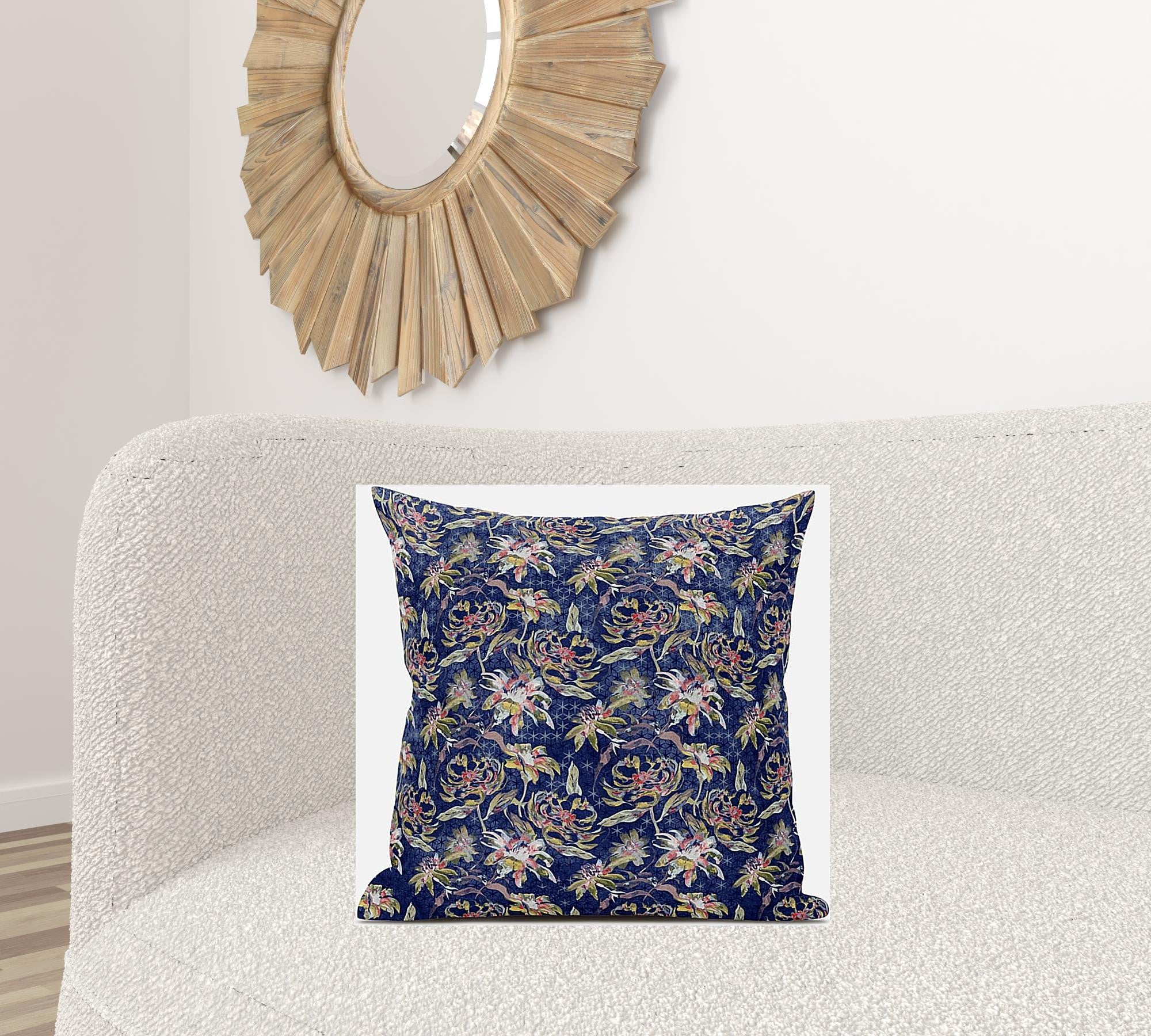 18" Blue Yellow Roses Zippered Suede Throw Pillow
