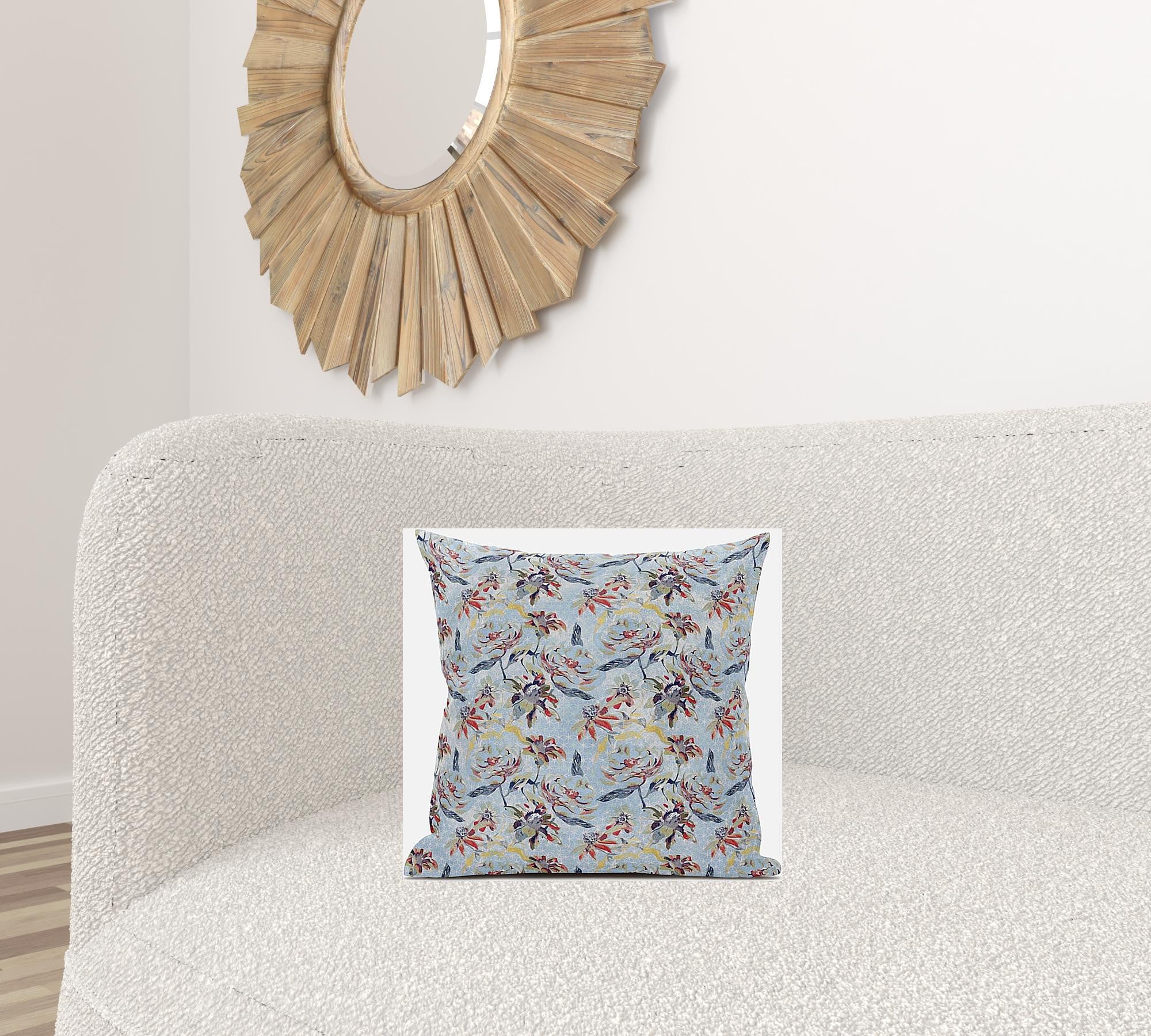 16" Sky Blue Red Roses Zippered Suede Throw Pillow