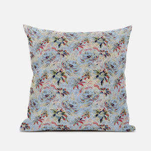 18" Light Blue Red Roses Zippered Suede Throw Pillow