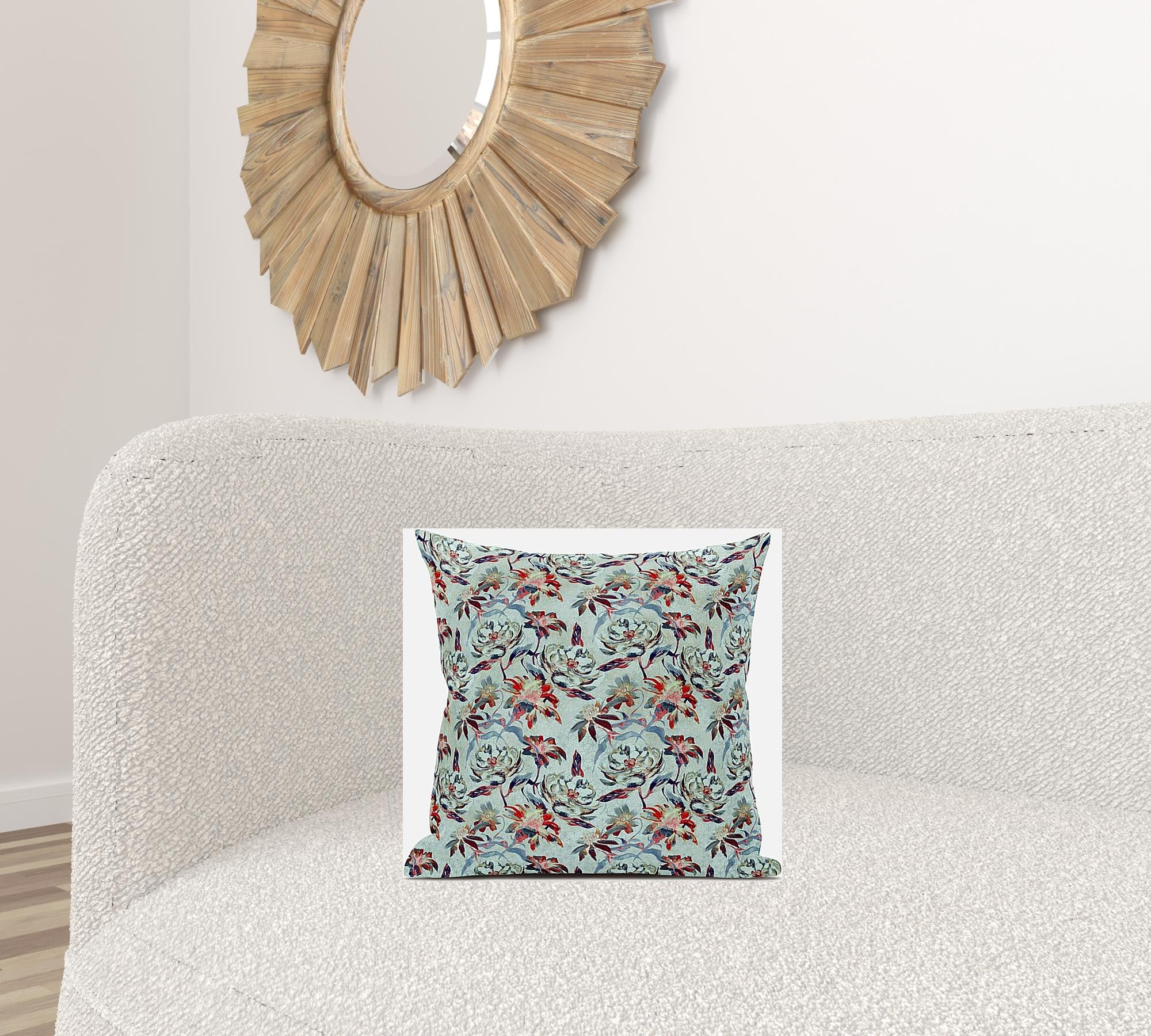 16" Red Aqua Roses Zippered Suede Throw Pillow