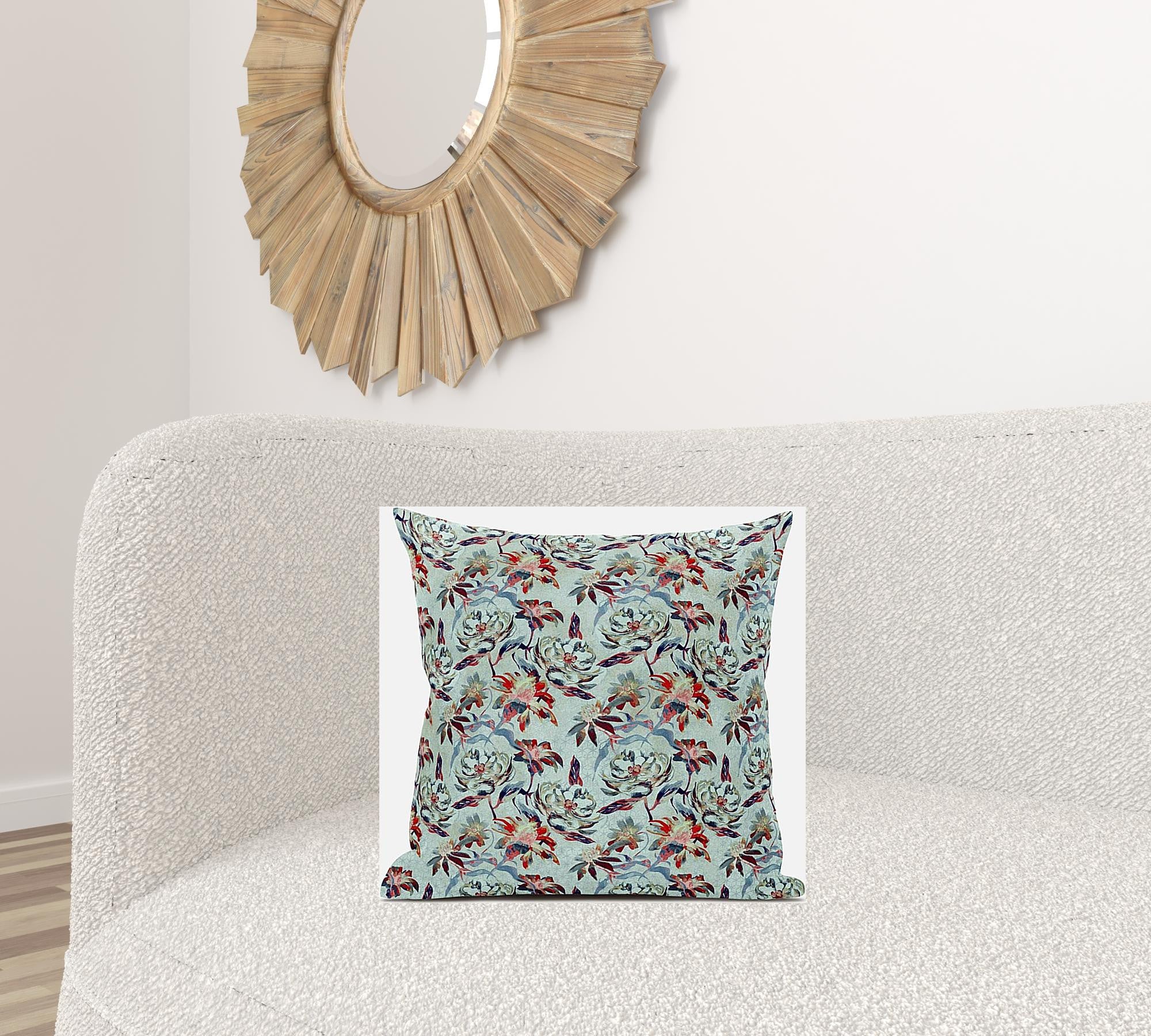 18" Red Aqua Roses Zippered Suede Throw Pillow