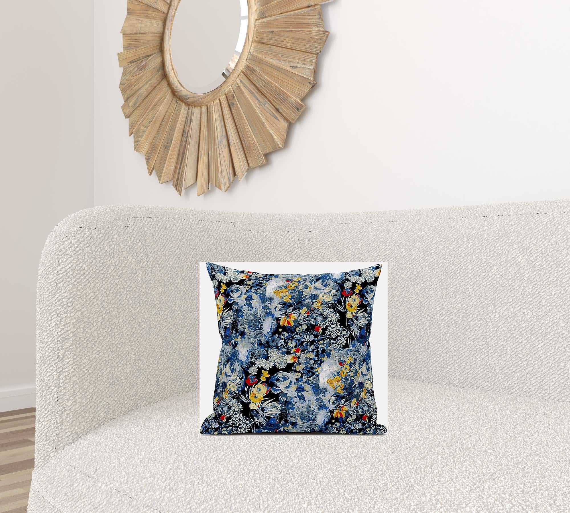 16" Blue Yellow Springtime Zippered Suede Throw Pillow