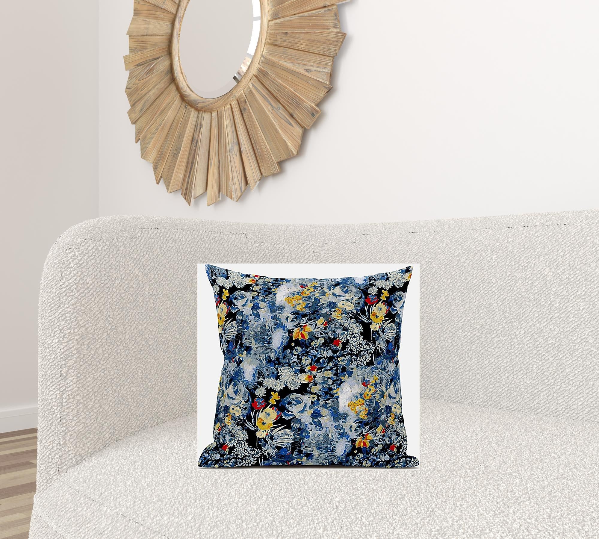 18" Blue Yellow Springtime Zippered Suede Throw Pillow