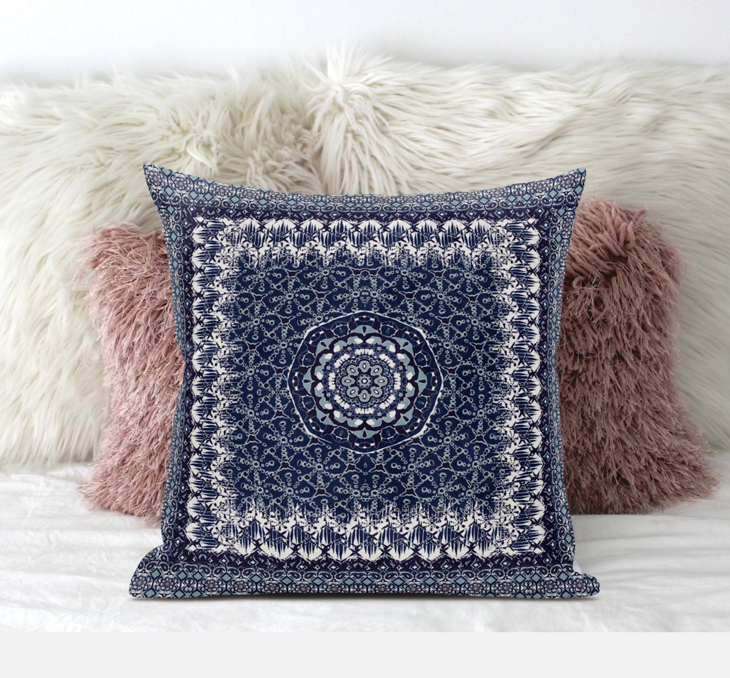 16” Indigo White Holy Floral Zippered Suede Throw Pillow