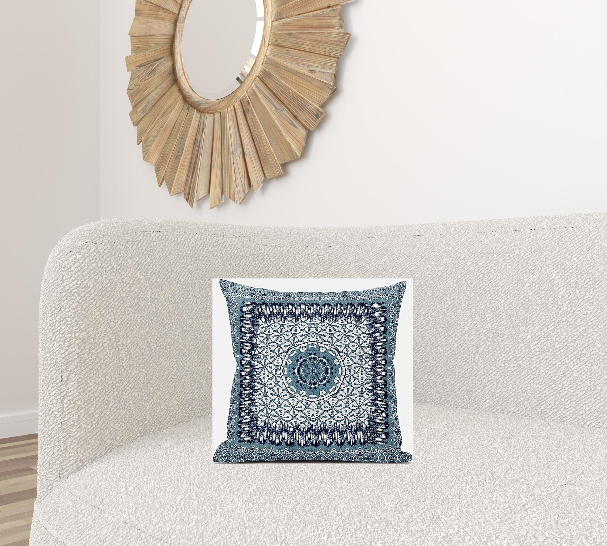 16” Blue White Holy Floral Zippered Suede Throw Pillow