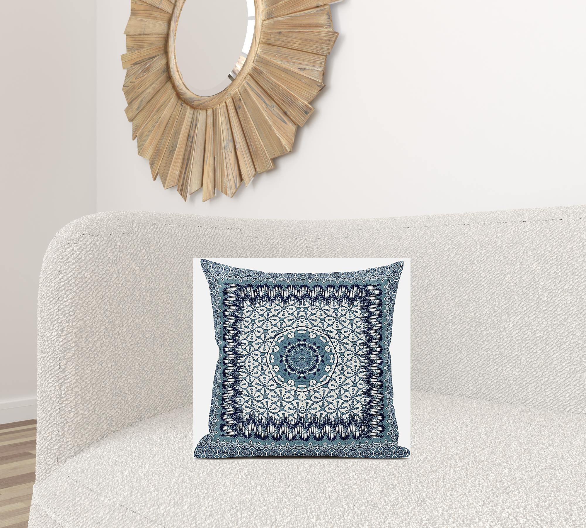 18” Blue White Holy Floral Zippered Suede Throw Pillow