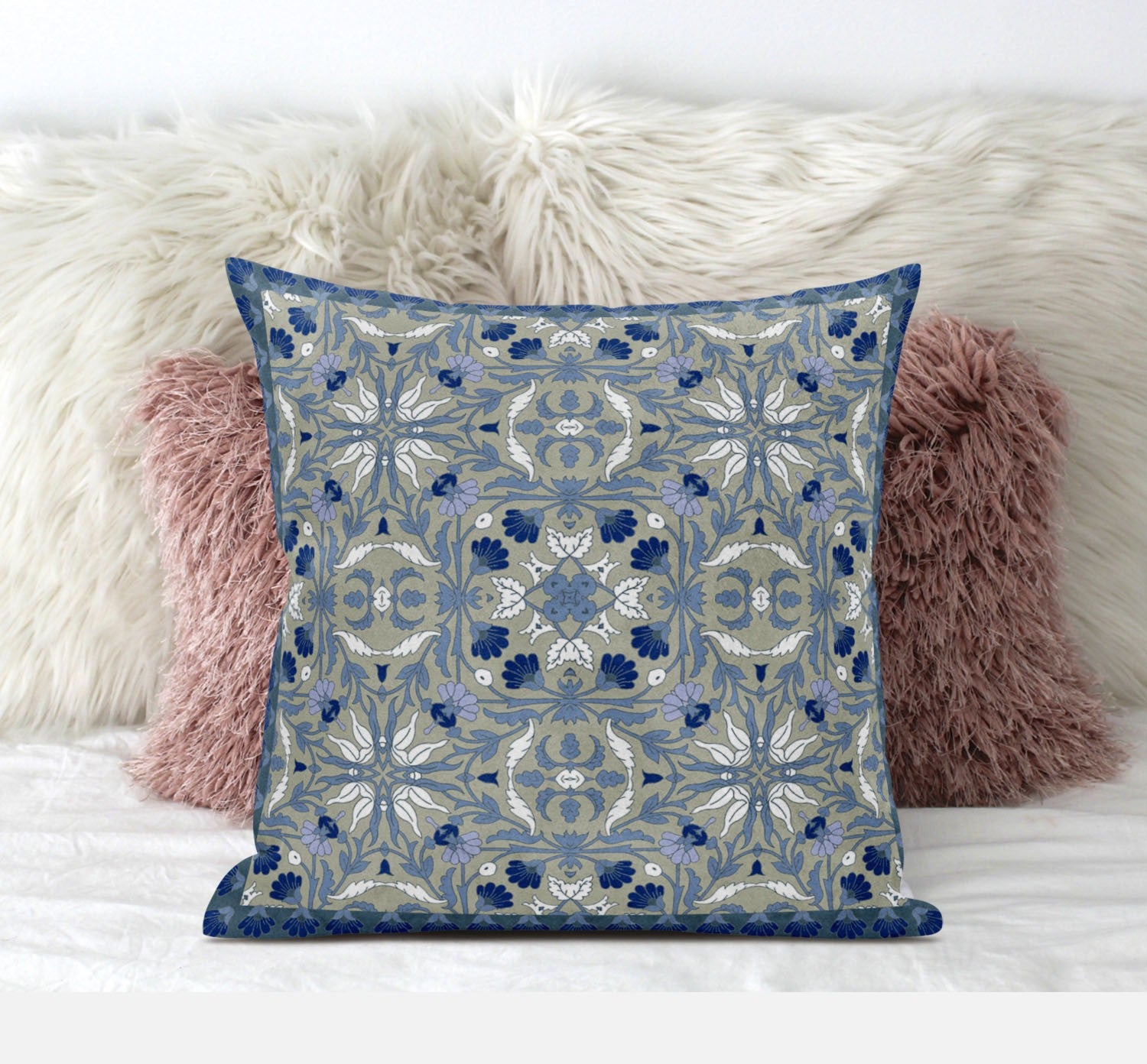 16” Gray Indigo Paisley Zippered Suede Throw Pillow