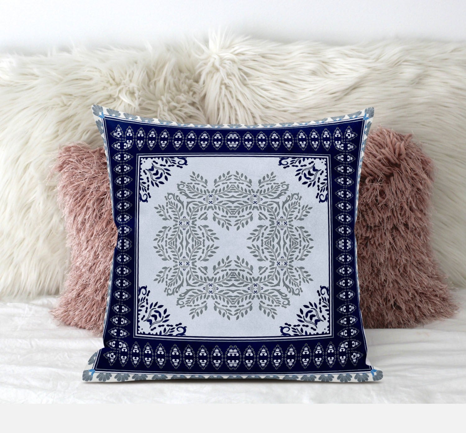 18" X 18" White Green Geometric Zippered Suede Throw Pillow