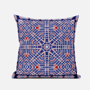 16” Blue Red Geostar Zippered Suede Throw Pillow