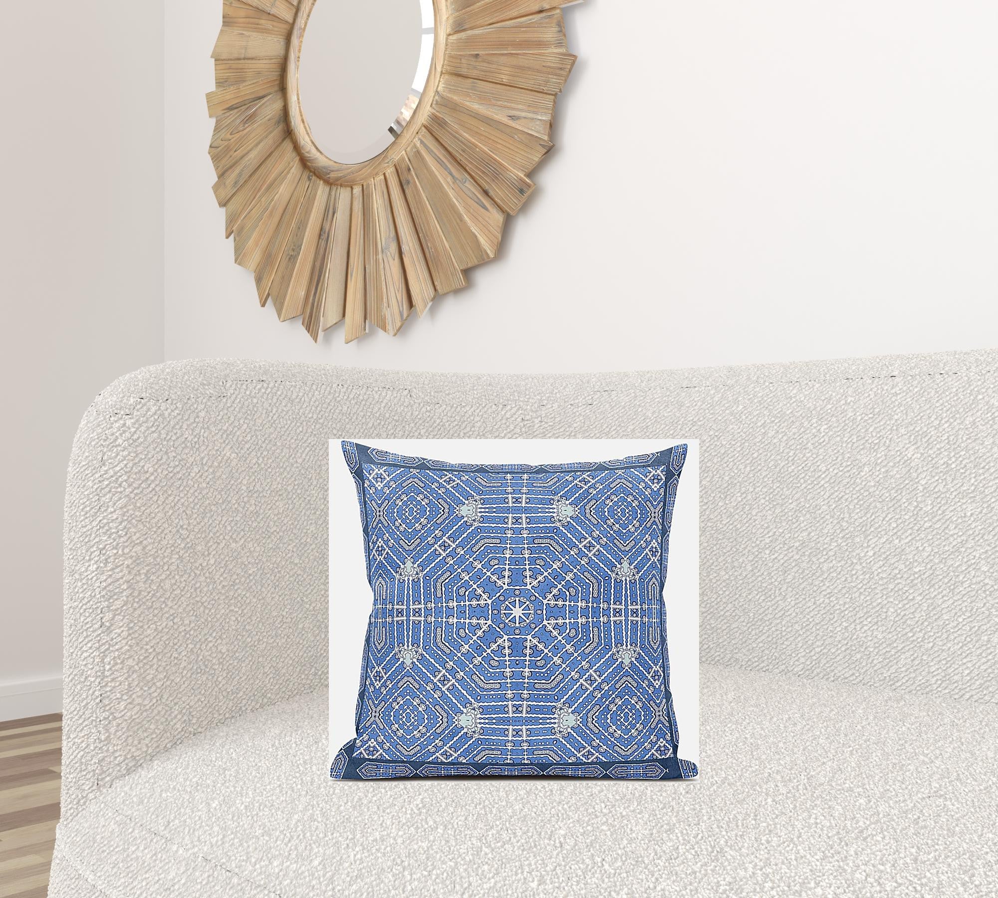 18” Blue White Geostar Zippered Suede Throw Pillow