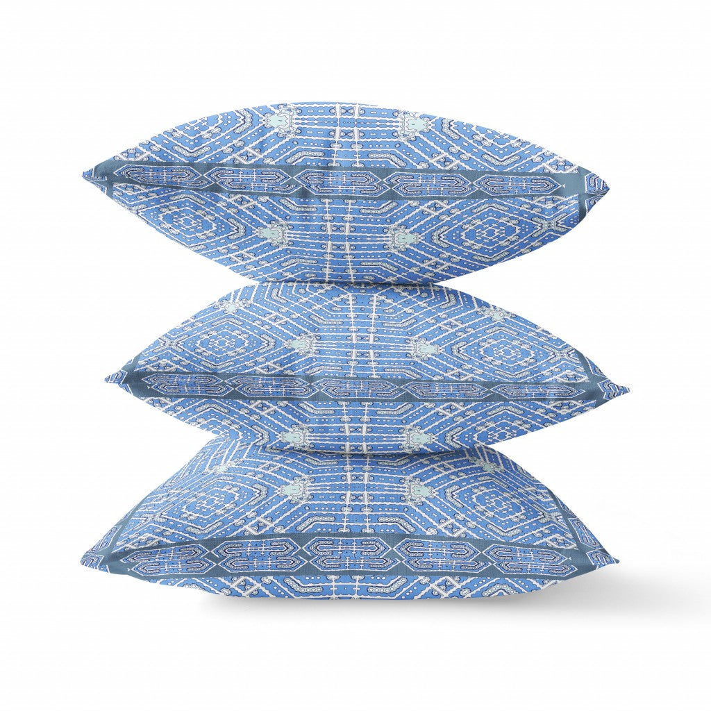 18” Blue White Geostar Zippered Suede Throw Pillow