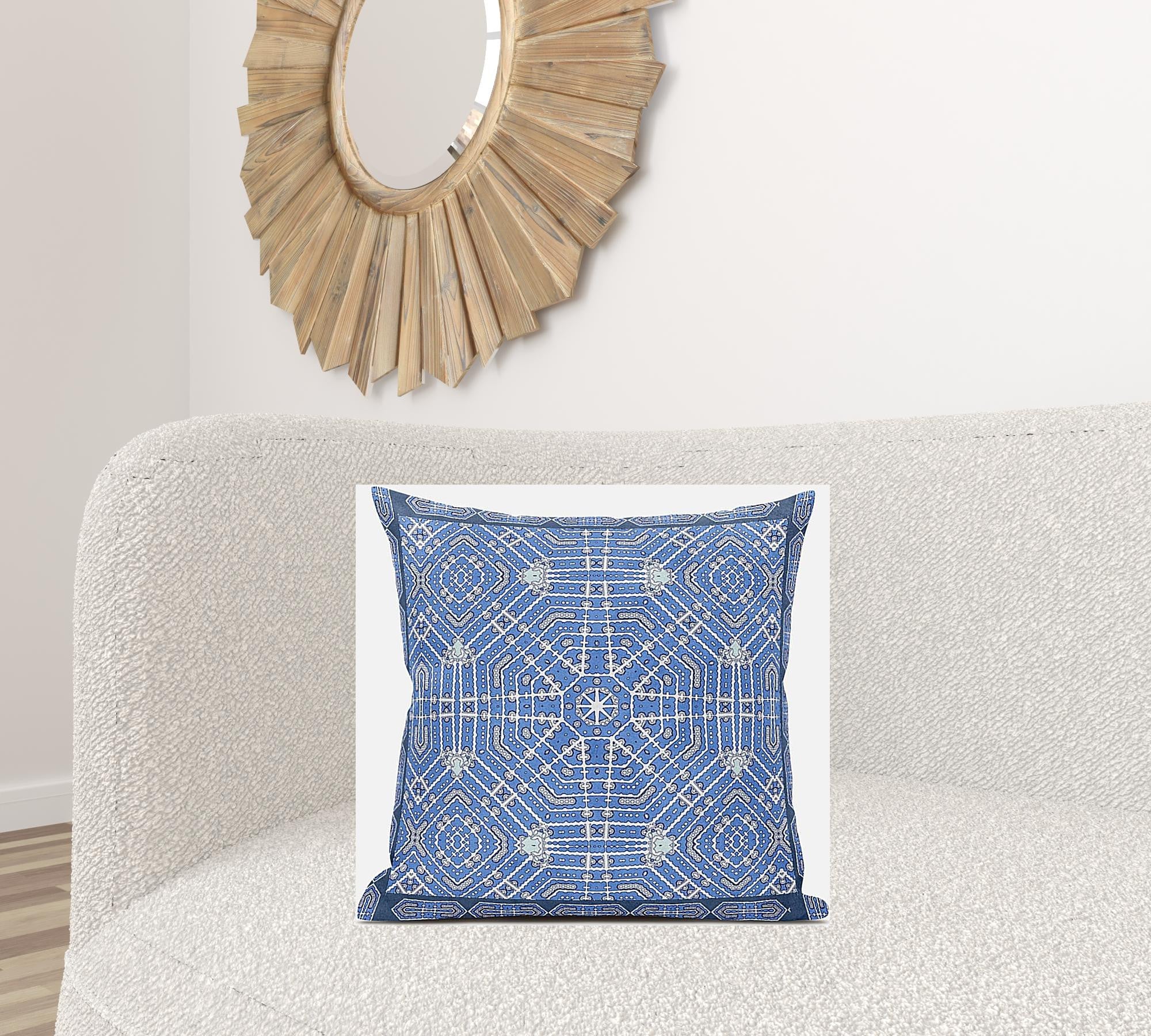 18” Blue White Geostar Zippered Suede Throw Pillow