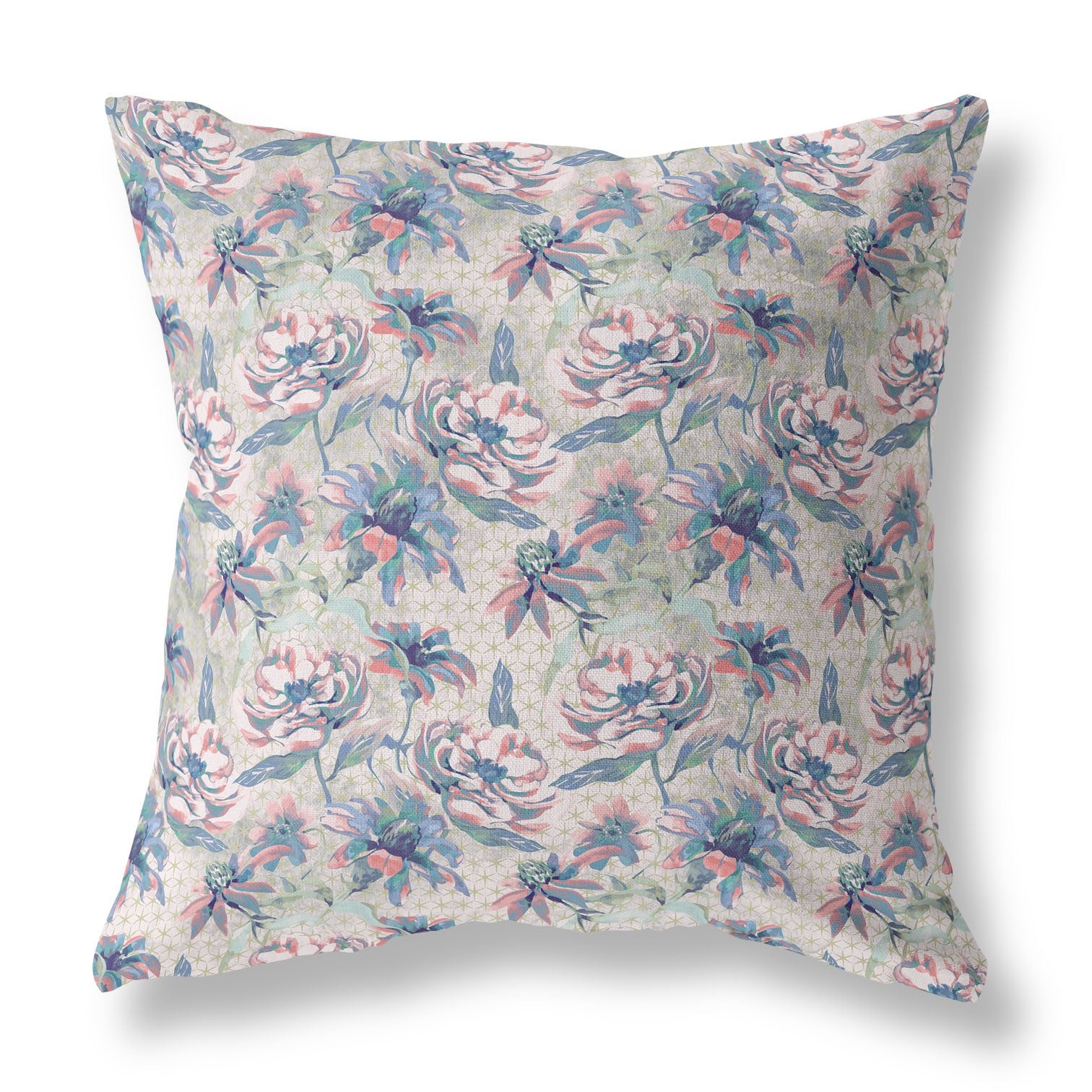 18” Blue Pink Roses Indoor Outdoor Throw Pillow