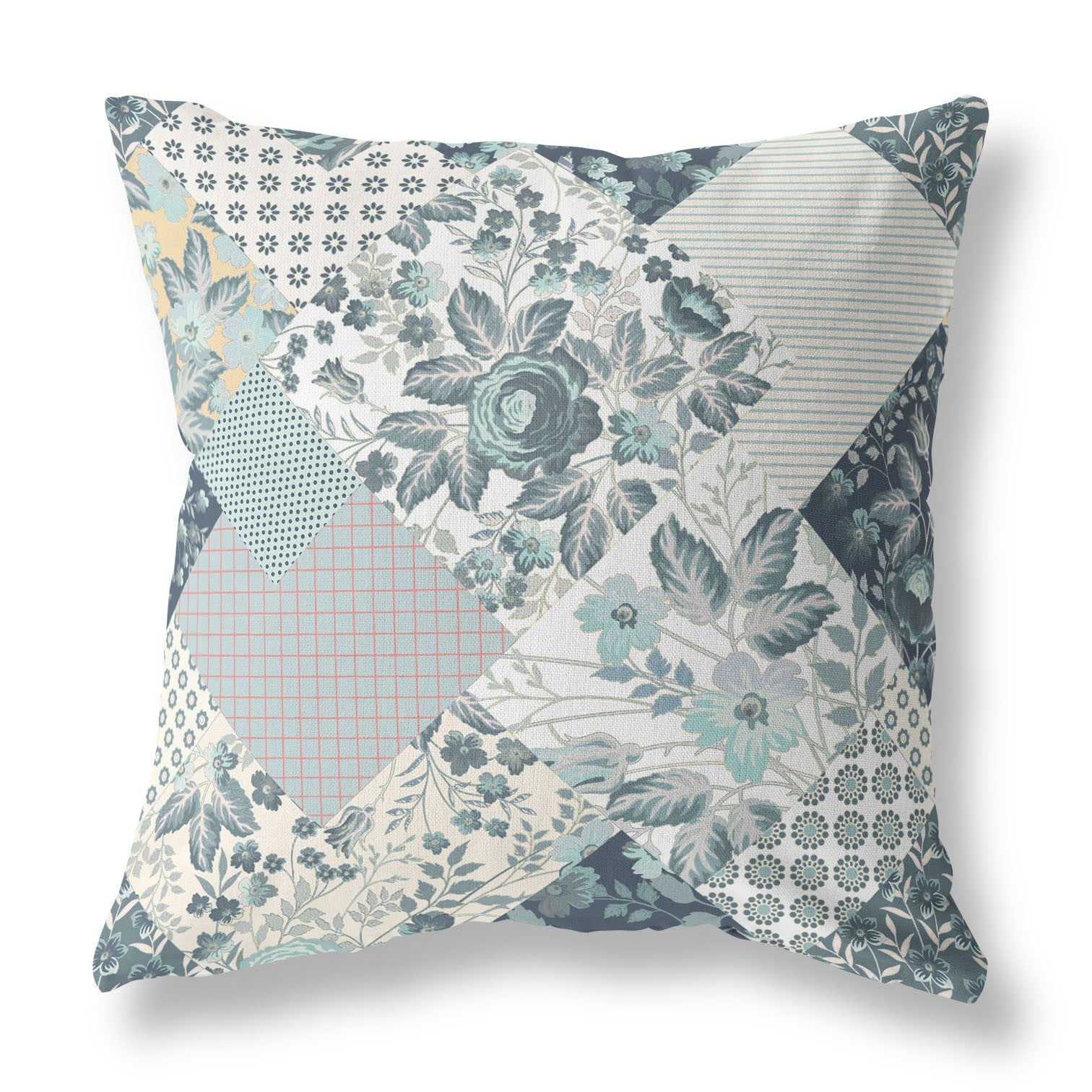 18" Teal White Boho Floral Indoor Outdoor Throw Pillow